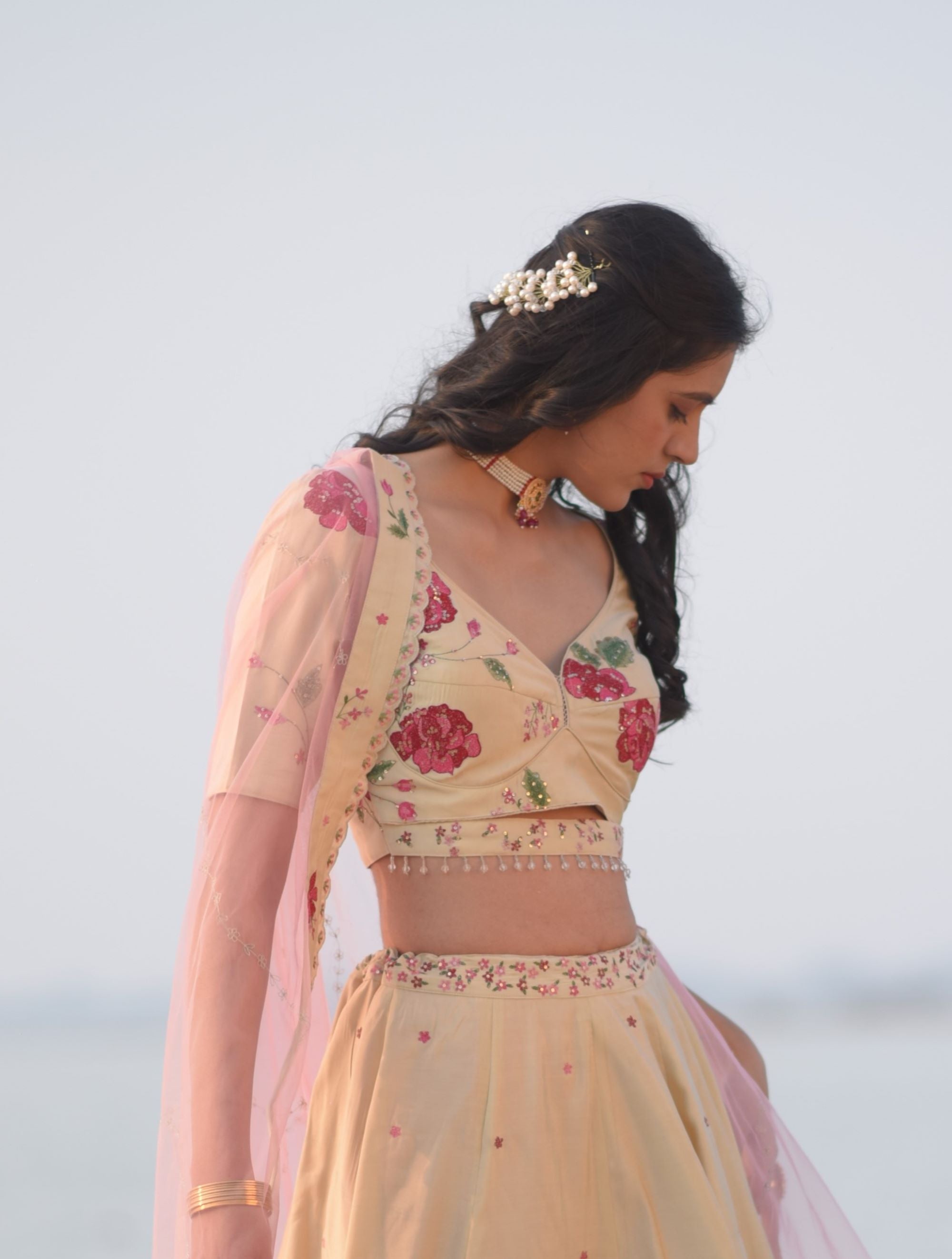 Ivory Miniature Rose garden Lehenga set of 3