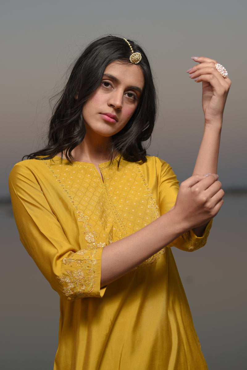 Mustard juhi phool kurta set