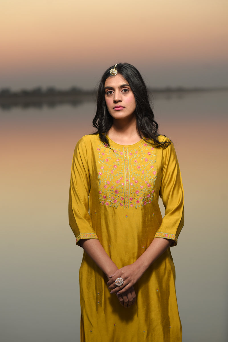 Mustard Rain lily kurta set