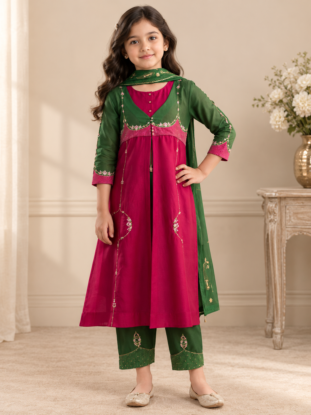 kids bottle green rani pink mastani suit set