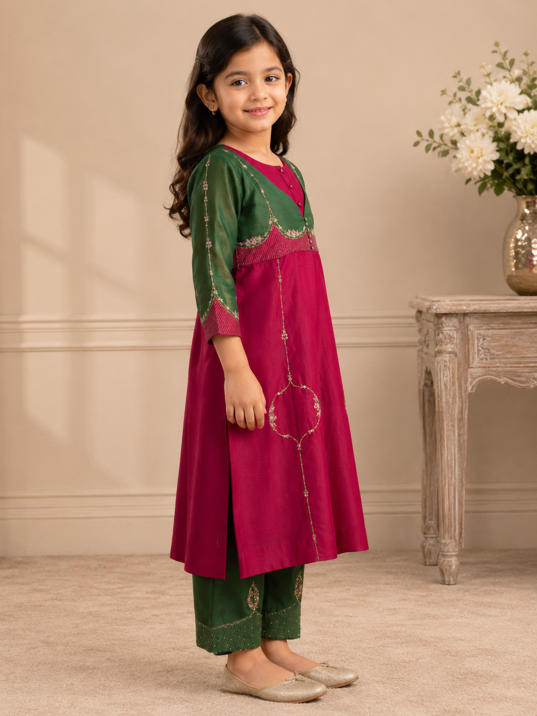 kids bottle green rani pink mastani suit set