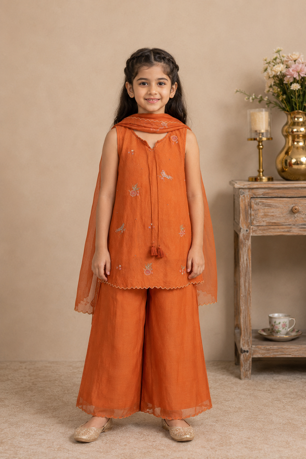 KIDS RUST ORANGE FLARED TOP SET WITH DUPATTA