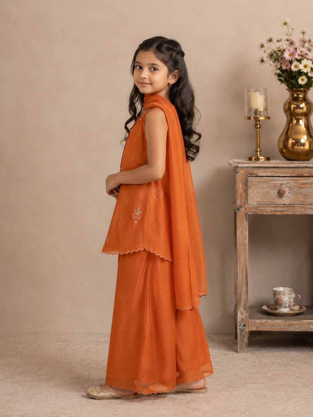 KIDS RUST ORANGE FLARED TOP SET WITH DUPATTA
