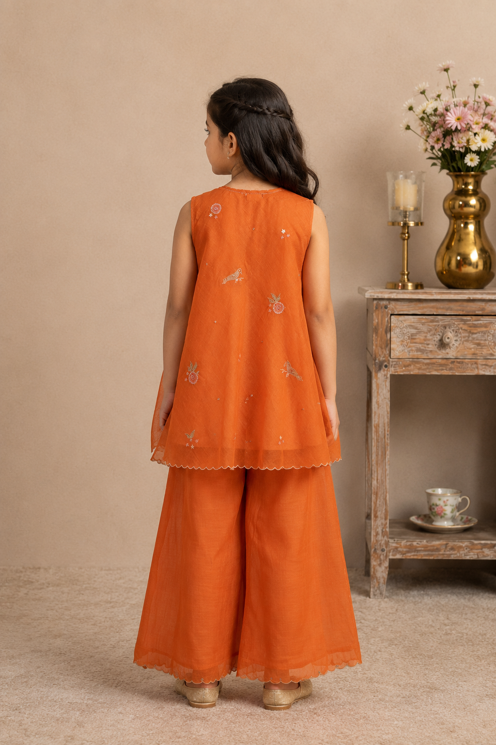 KIDS RUST ORANGE FLARED TOP SET WITH DUPATTA