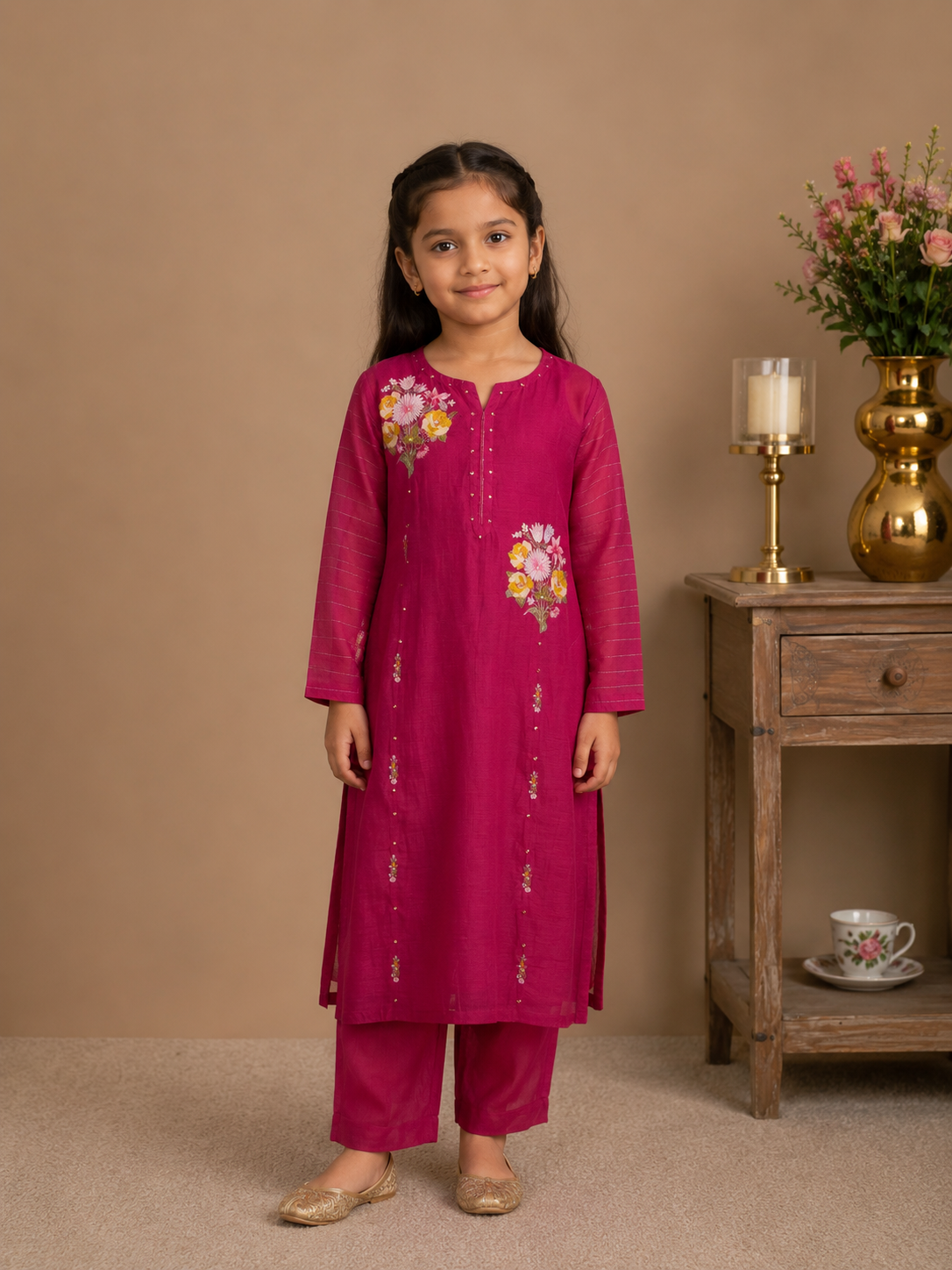 Kids Rani pink twin bouquet suit set