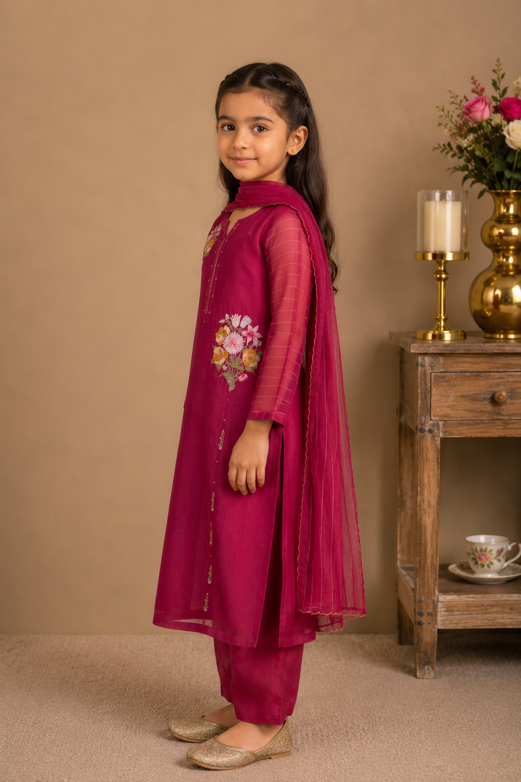 Kids Rani pink twin bouquet suit set