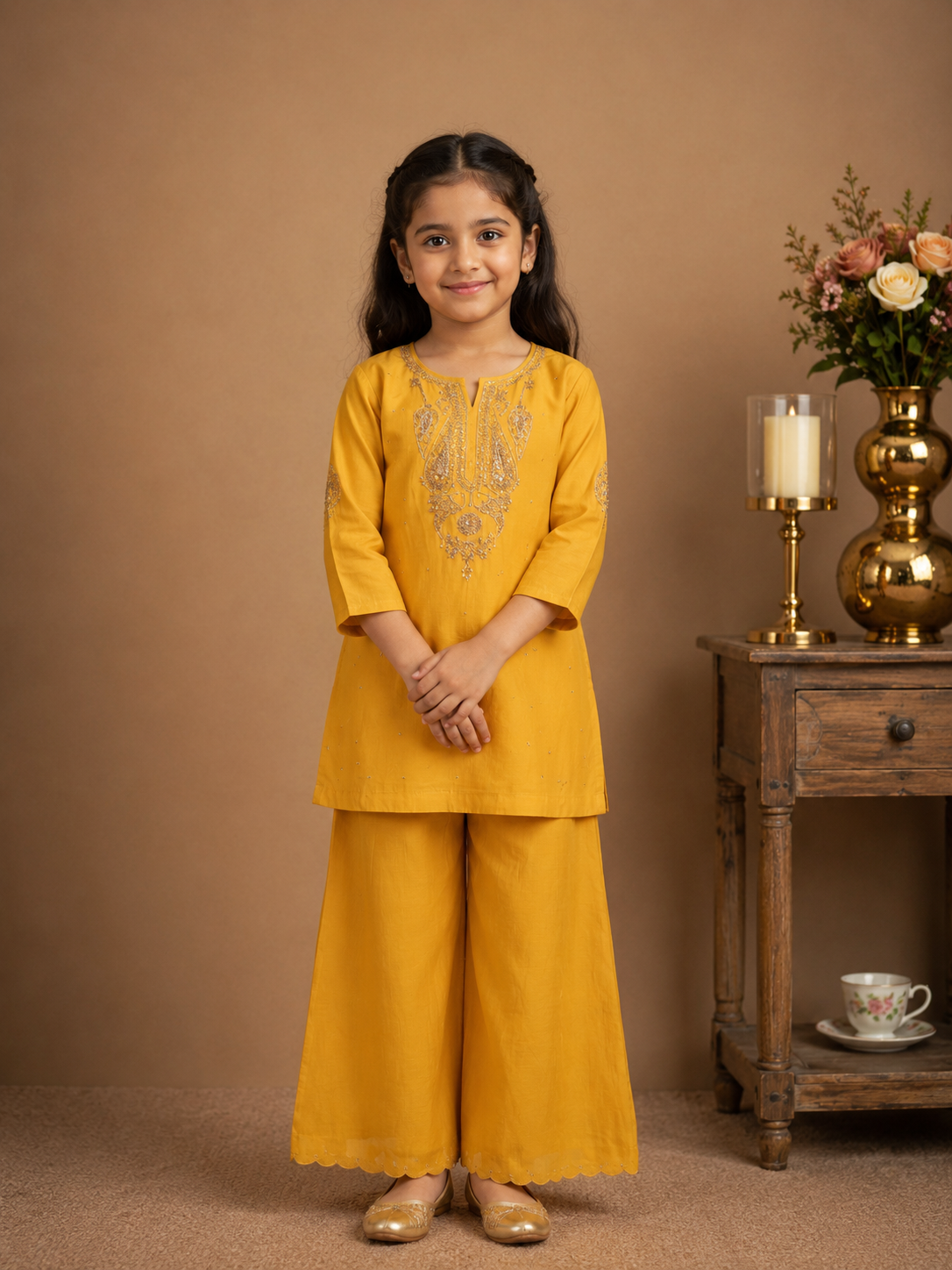 KIDS MUSTARD YELLOW MEENA TOP SET WITH DUPATTA