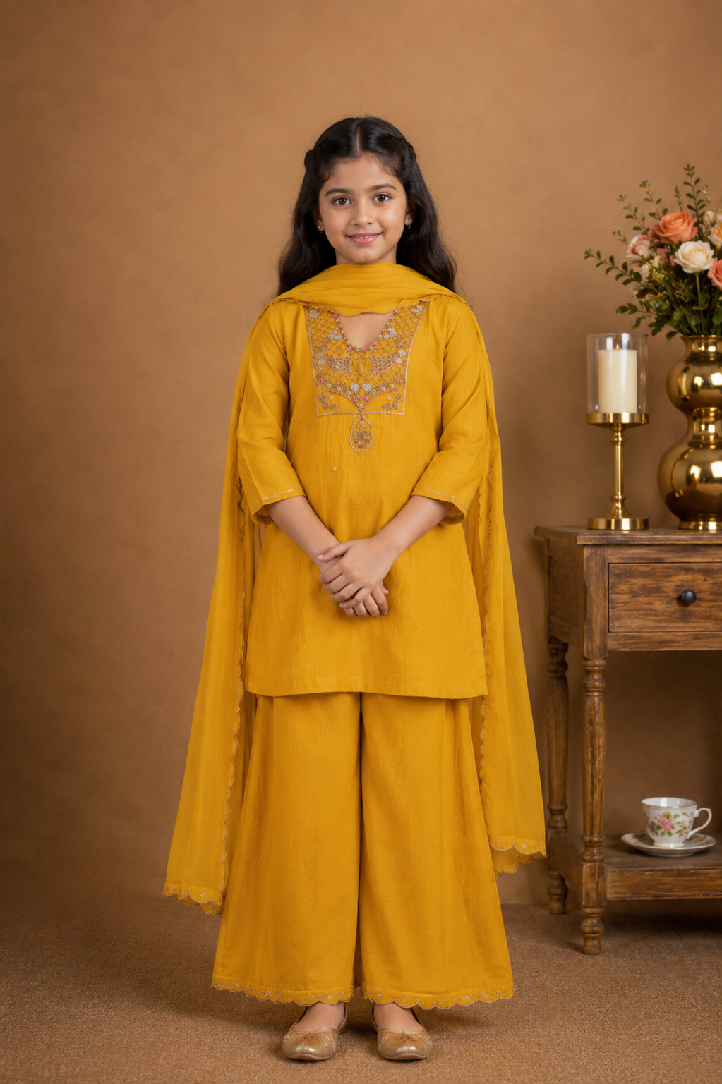 KIDS MUSTARD YELLOW MATSYA TOP PALAZZO WITH DUPATTA