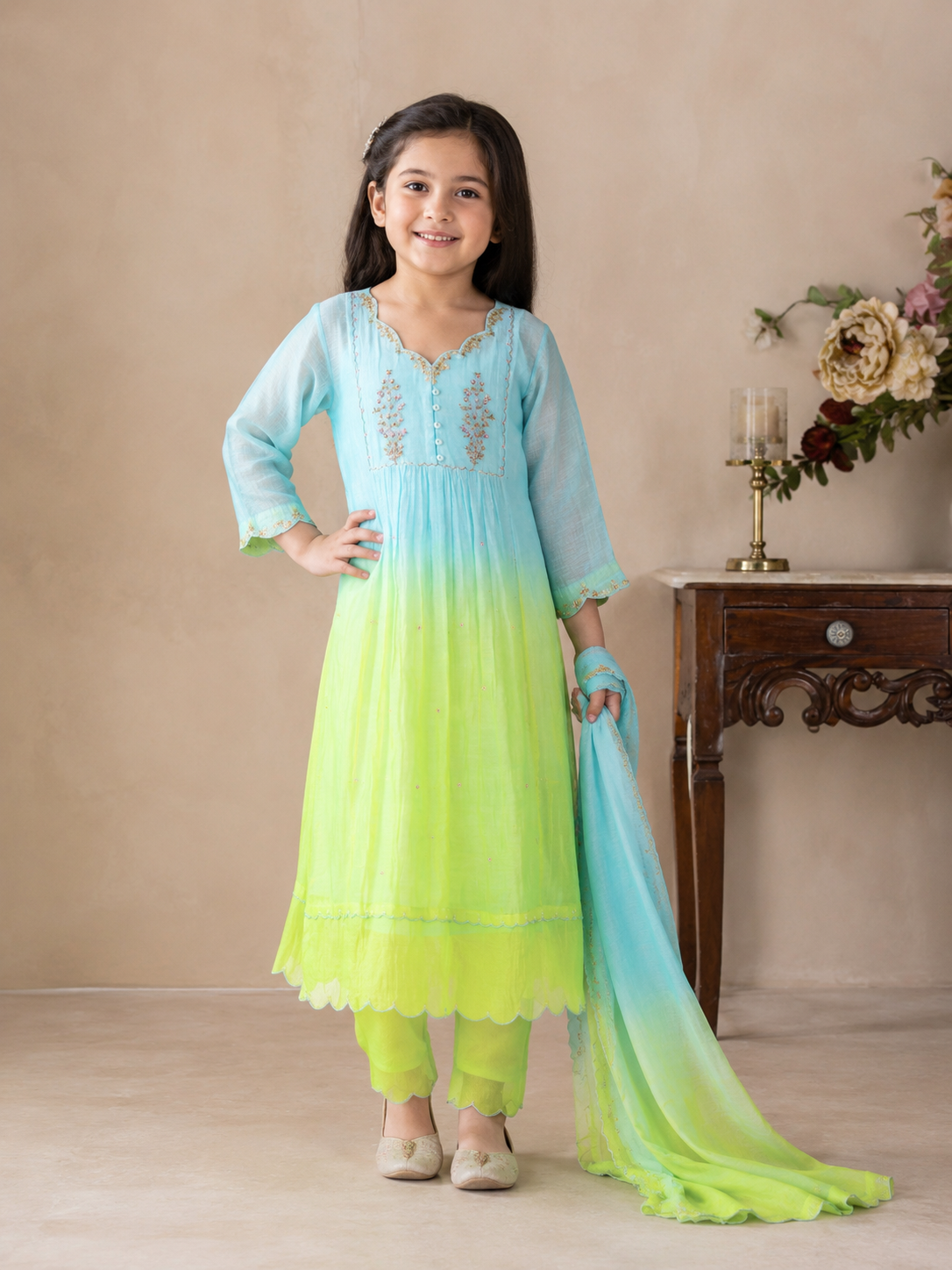 KIDS NEON TEAL OMBRE YOKE TREE SUIT SET
