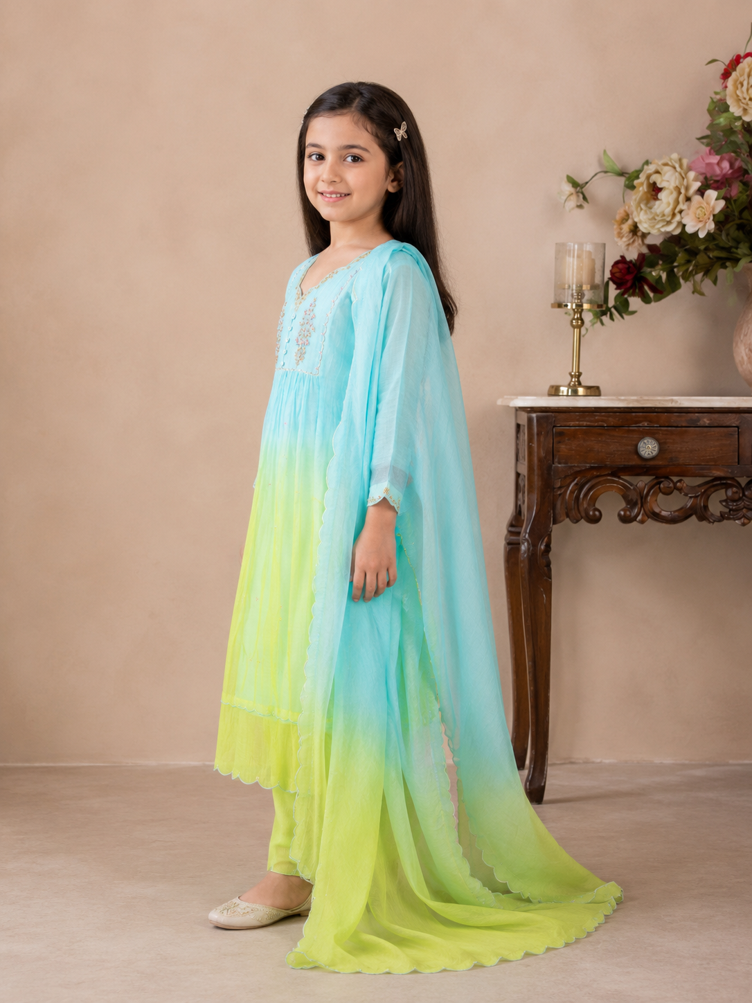 KIDS NEON TEAL OMBRE YOKE TREE SUIT SET