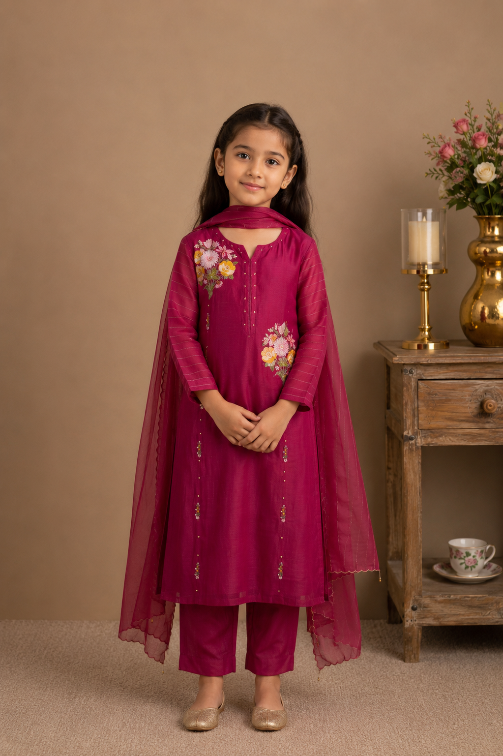 Kids Rani pink twin bouquet suit set