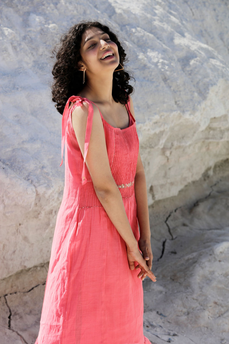 Coral pink shoulder tie dress