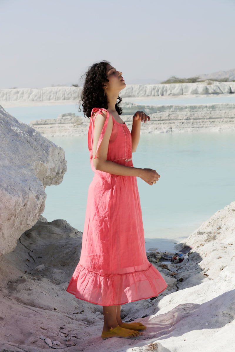 Coral pink shoulder tie dress