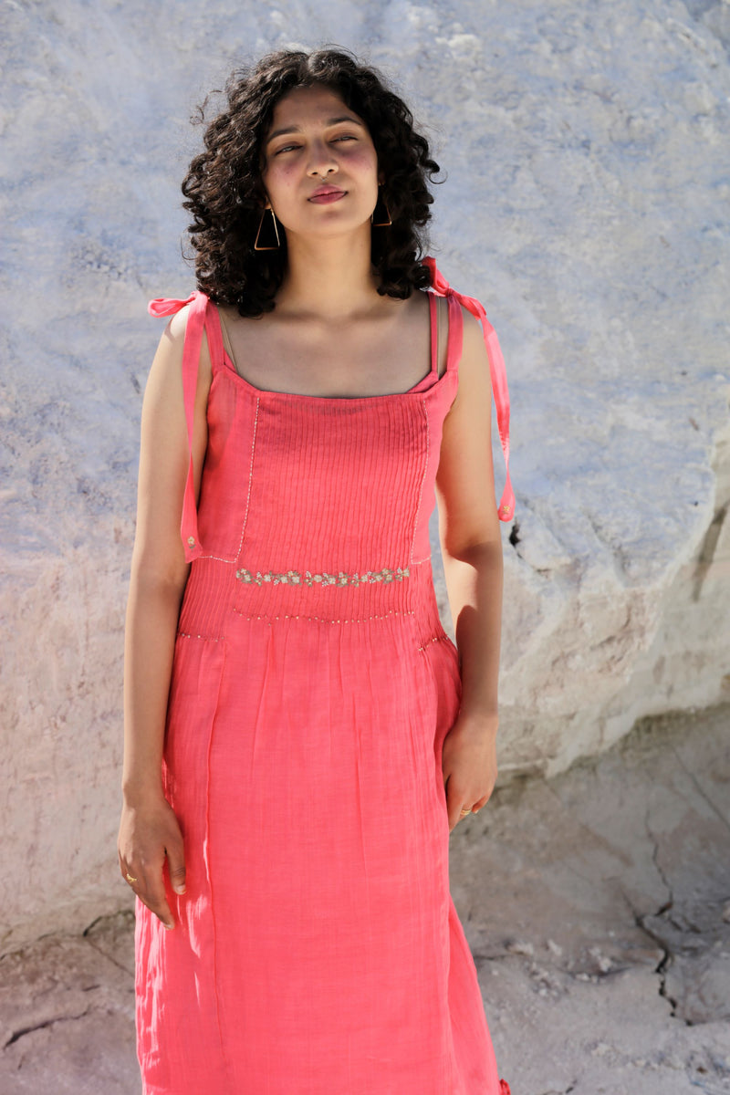 Coral pink shoulder tie dress