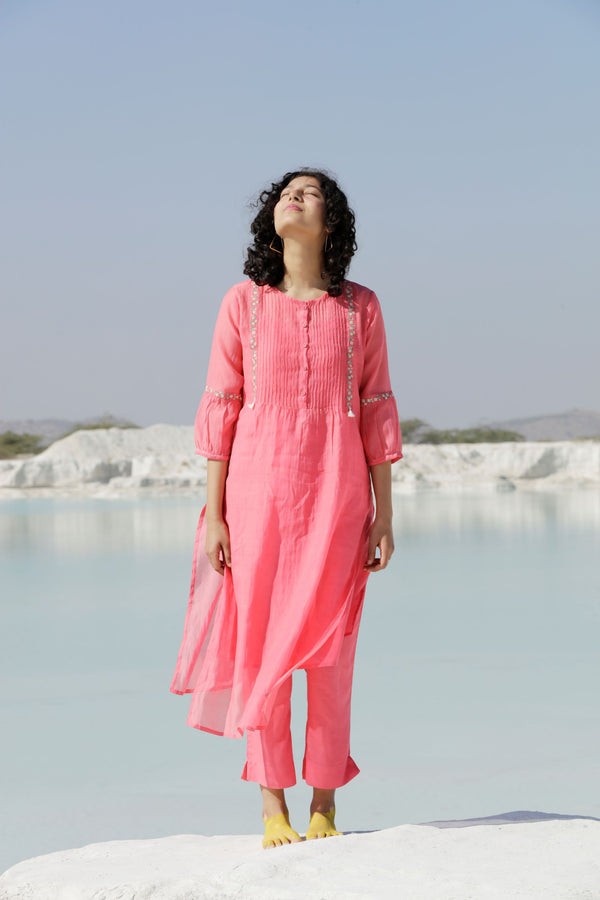 Coral pink Pintuck Yoke Kurta set