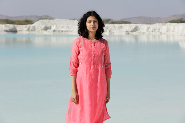 Coral pink Pintuck Yoke Kurta set