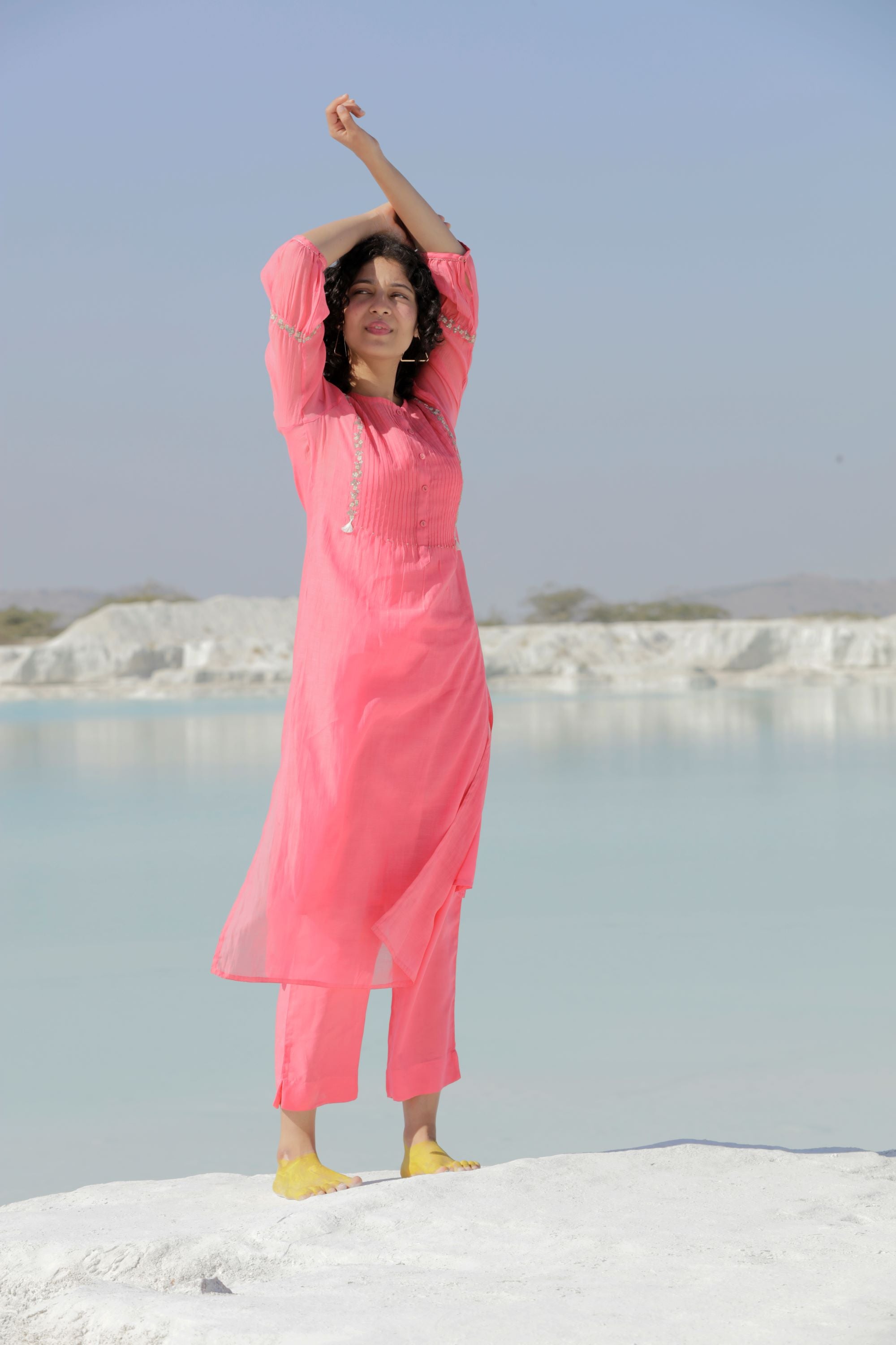 Coral pink Pintuck Yoke Kurta set