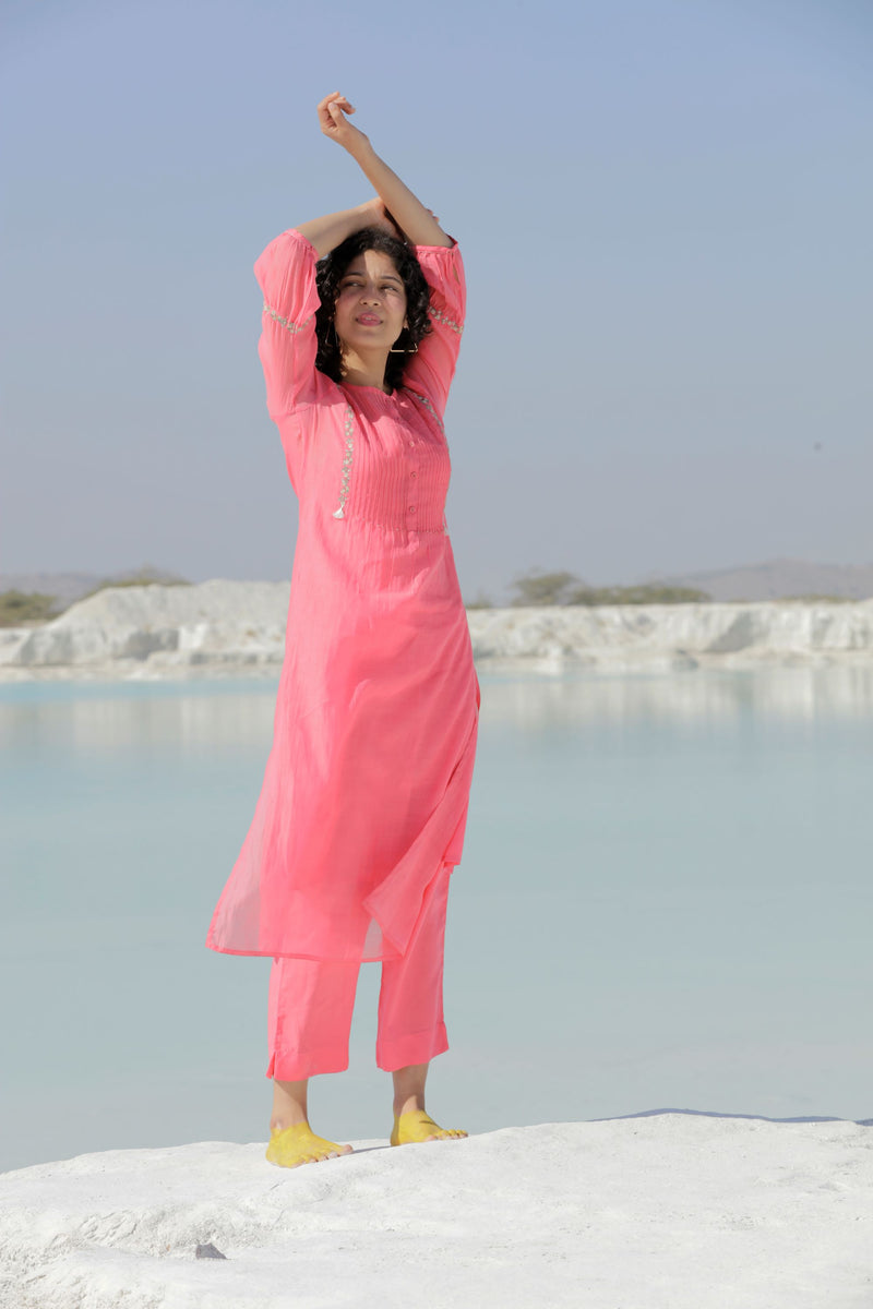 Coral pink Pintuck Yoke Kurta set