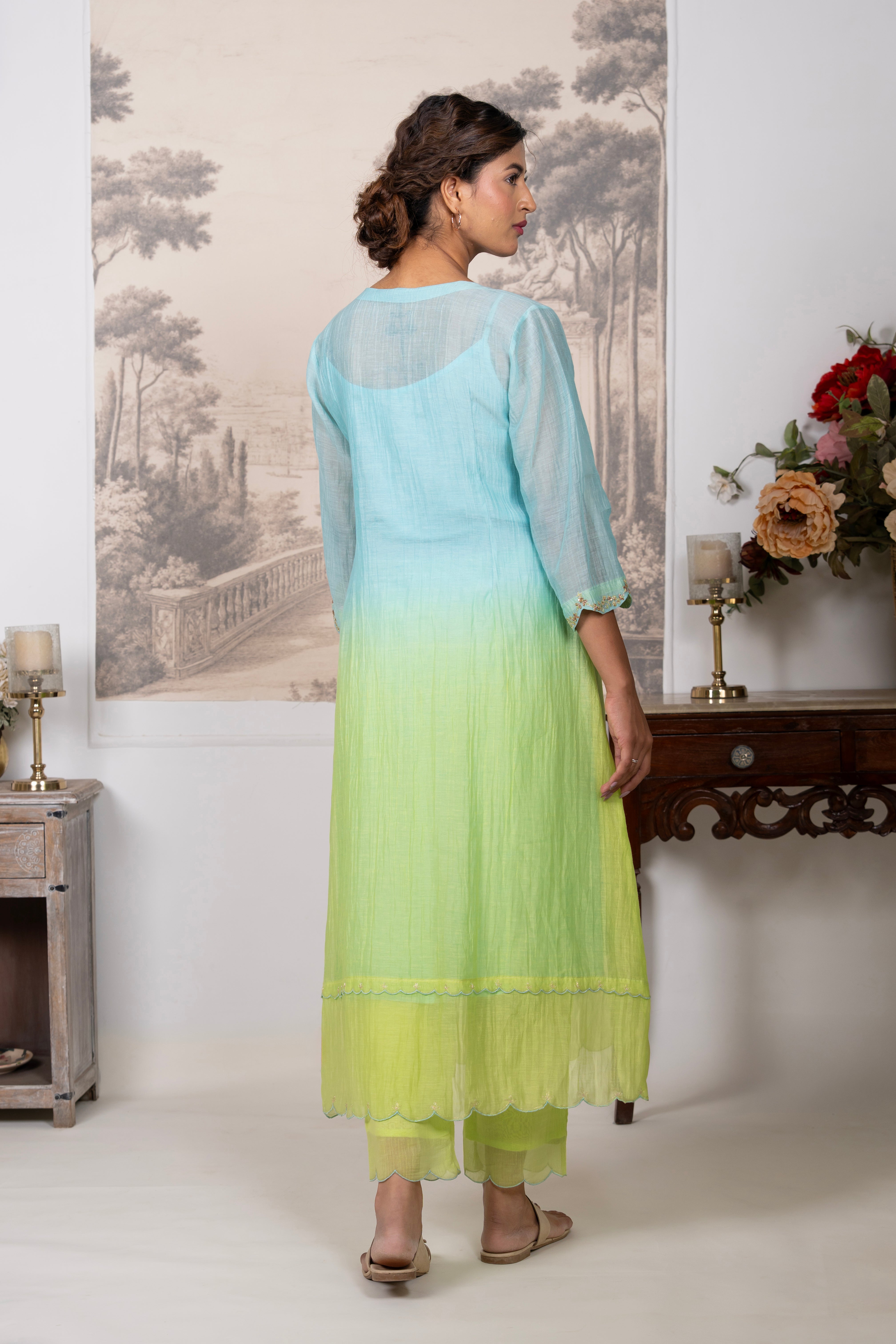NEON TEAL OMBRE YOKE TREE SUIT SET