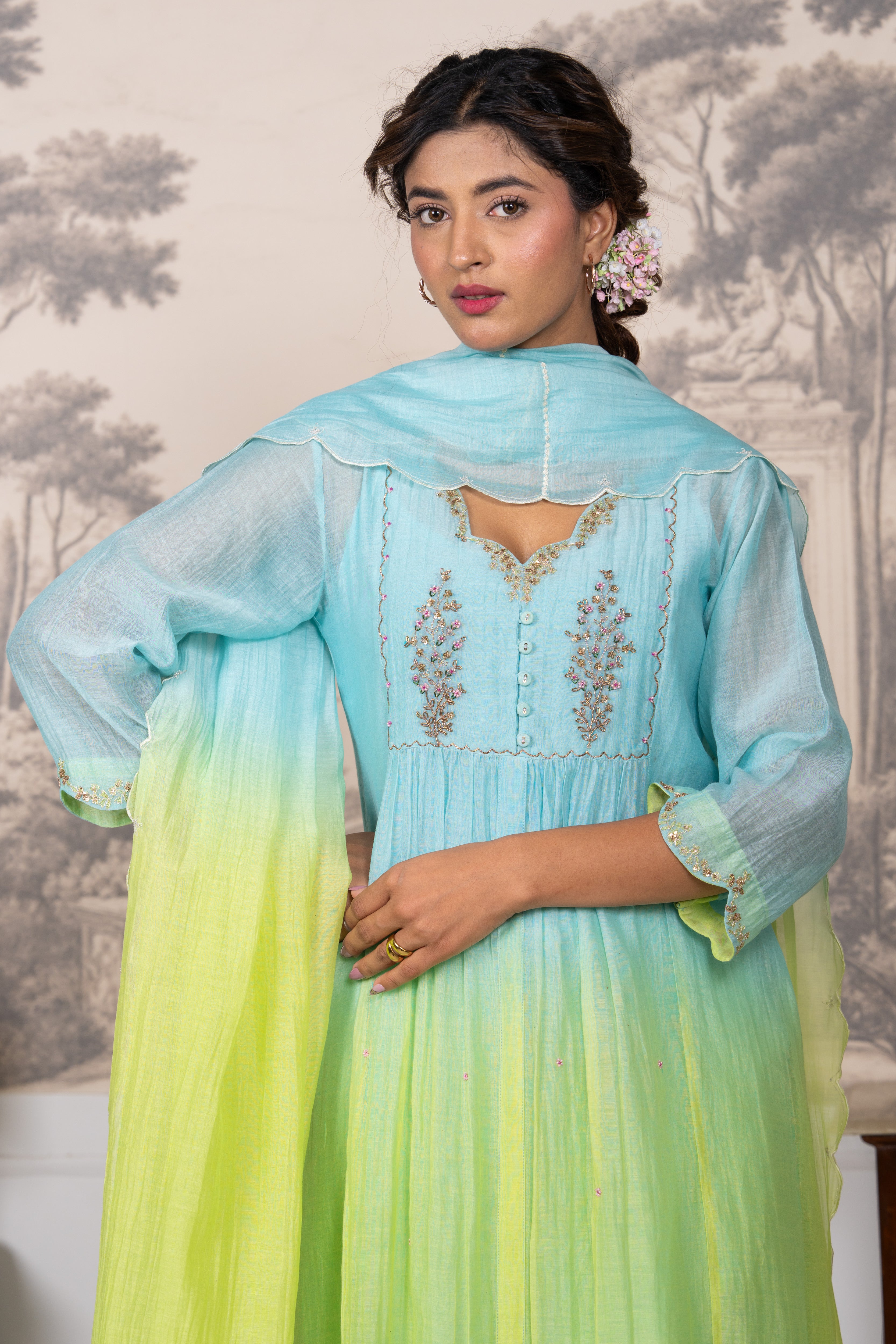 NEON TEAL OMBRE YOKE TREE SUIT SET