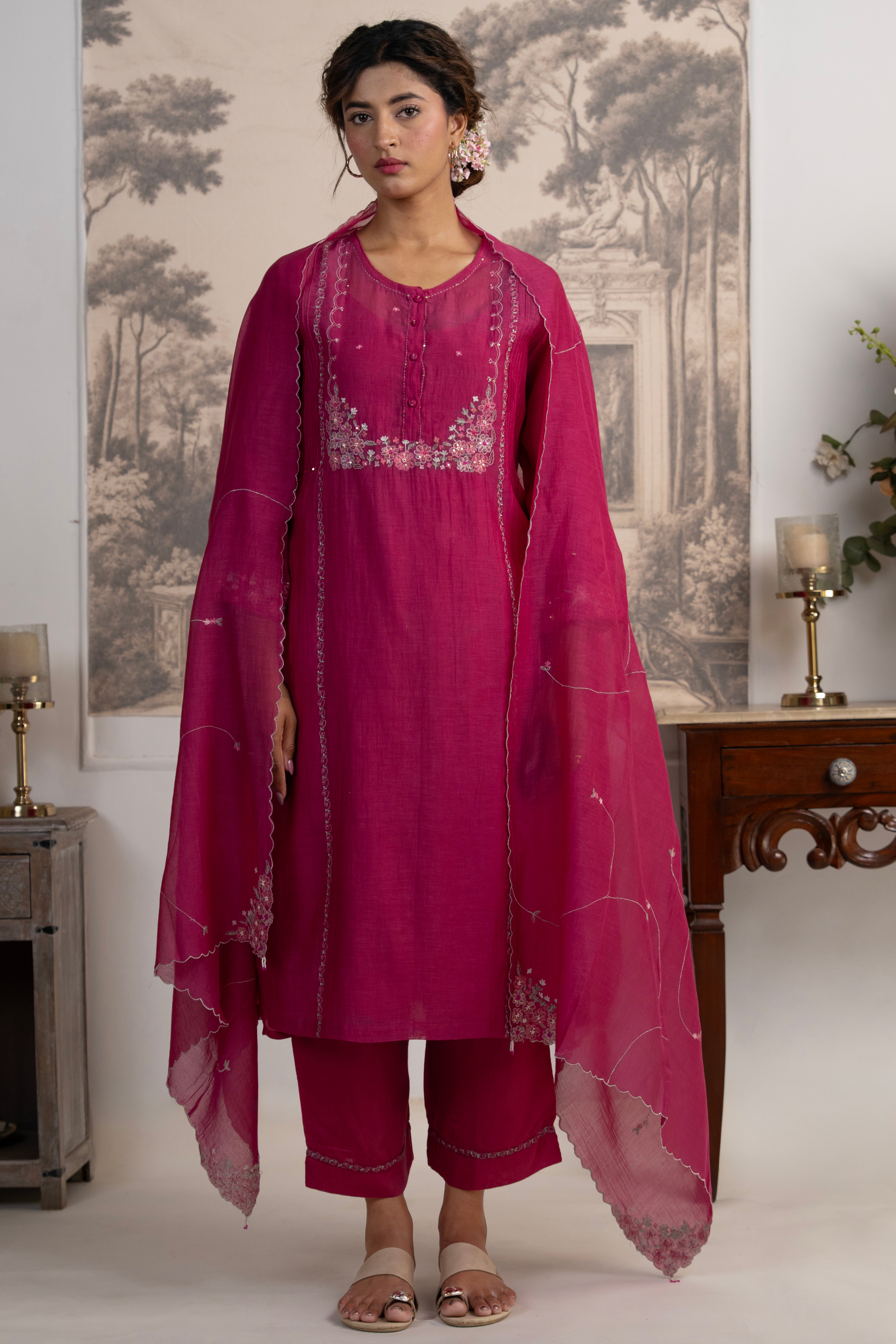 Rani pink Beaded bageecha Suit set
