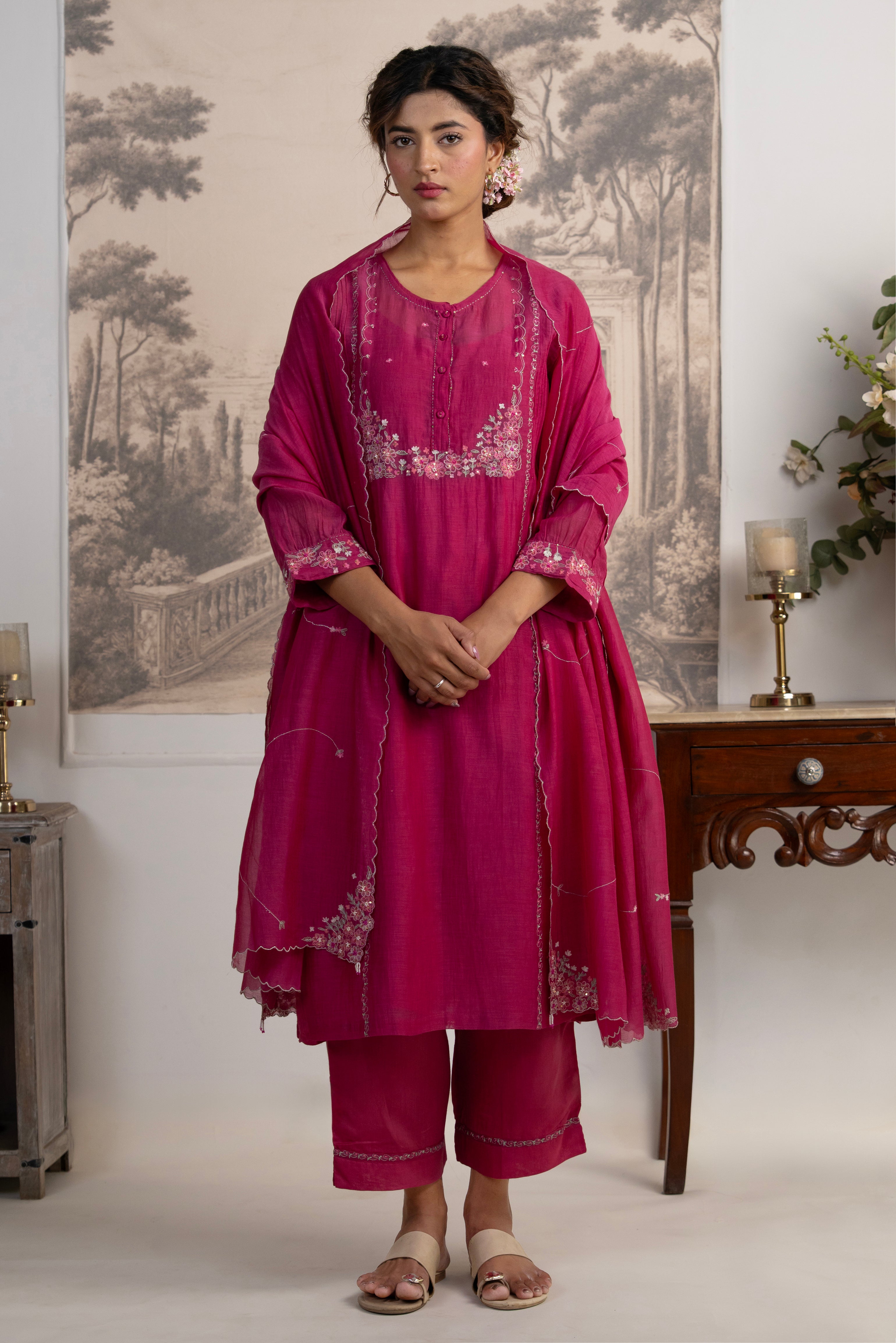 Rani pink Beaded bageecha Suit set