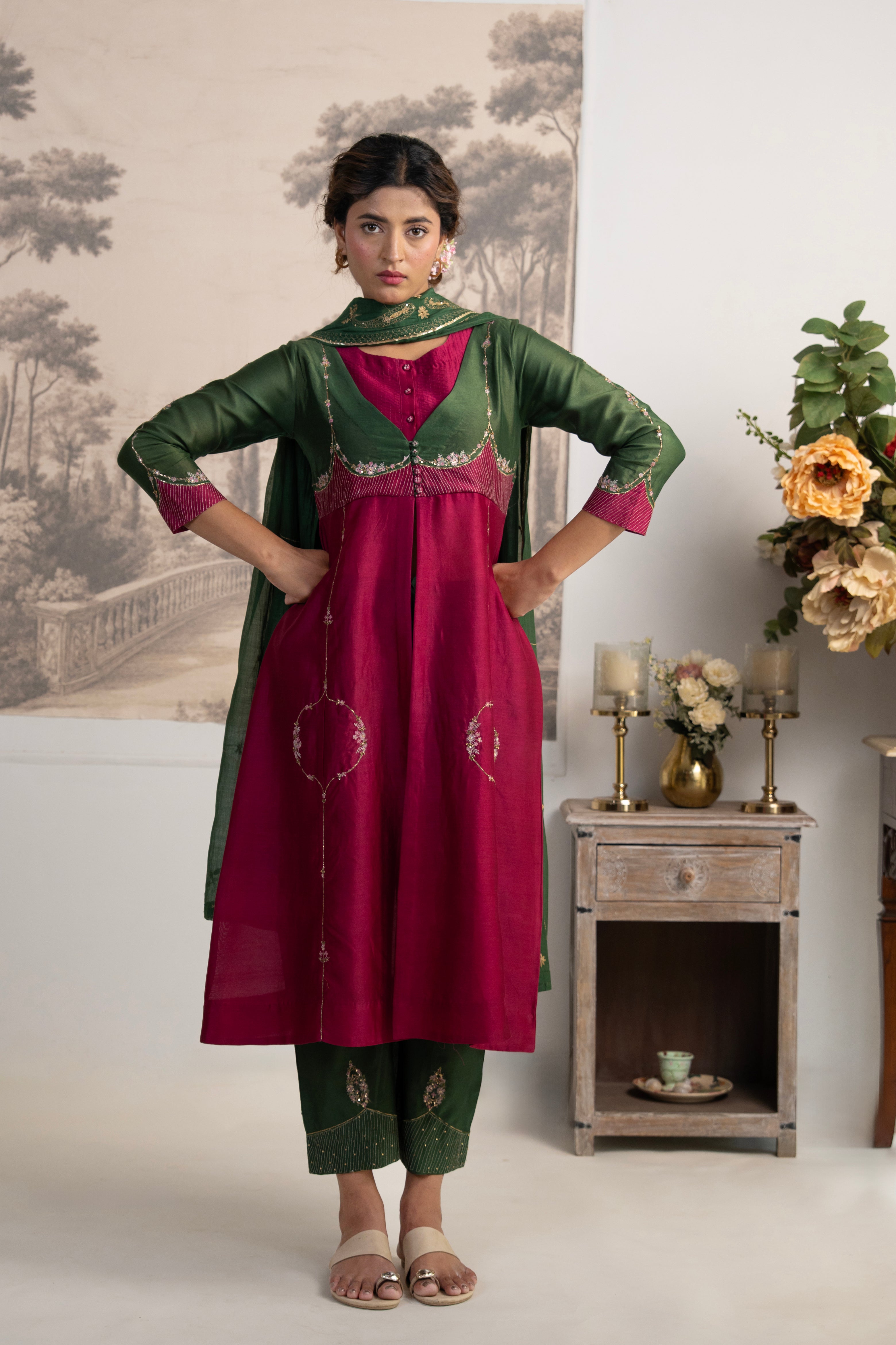 BOTTLE GREEN RANI PINK MASTANI SUIT SET
