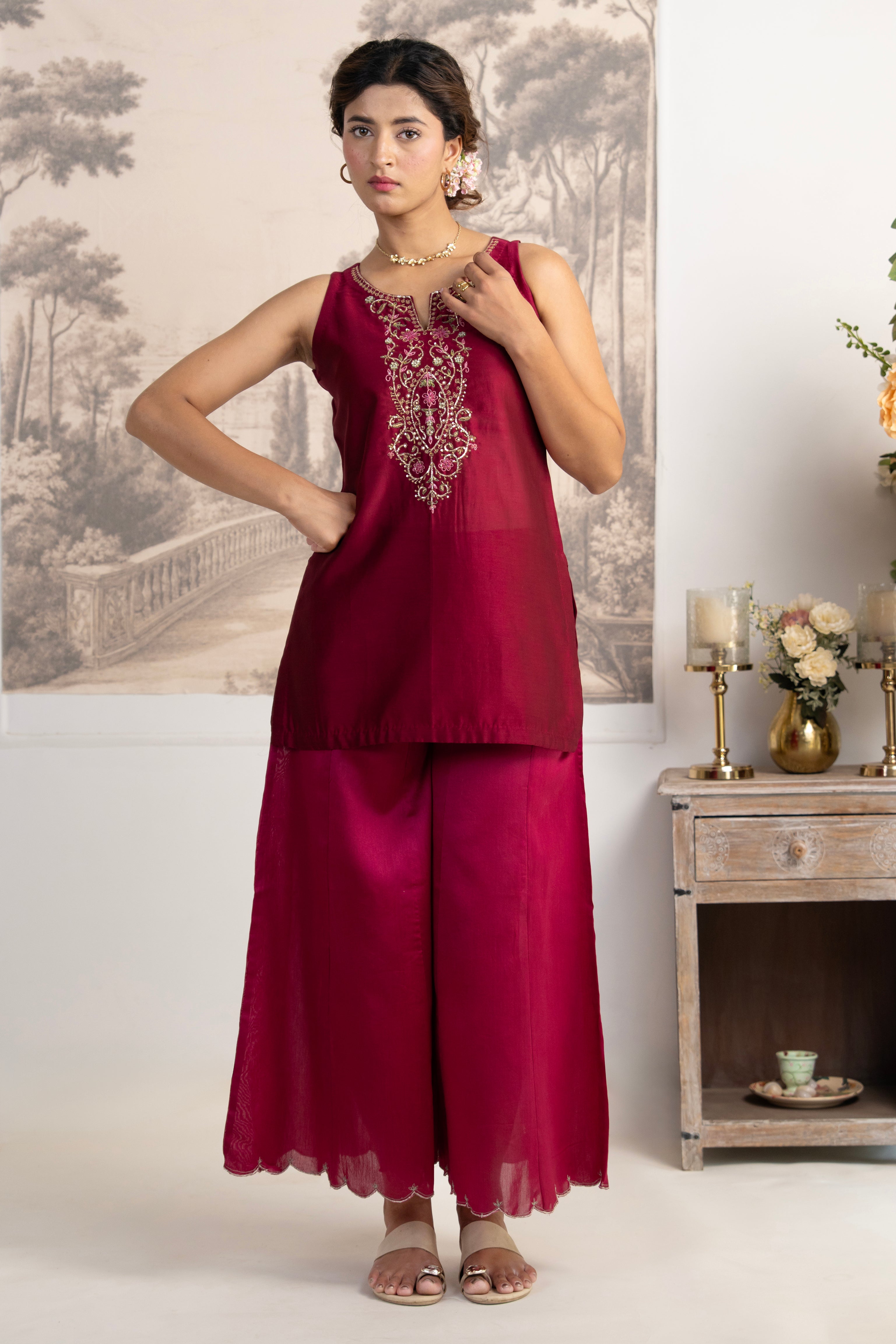 HOT PINK SLEEVELESS PITTA ZARDOZI TOP WITH ORGANZA DUPATTA