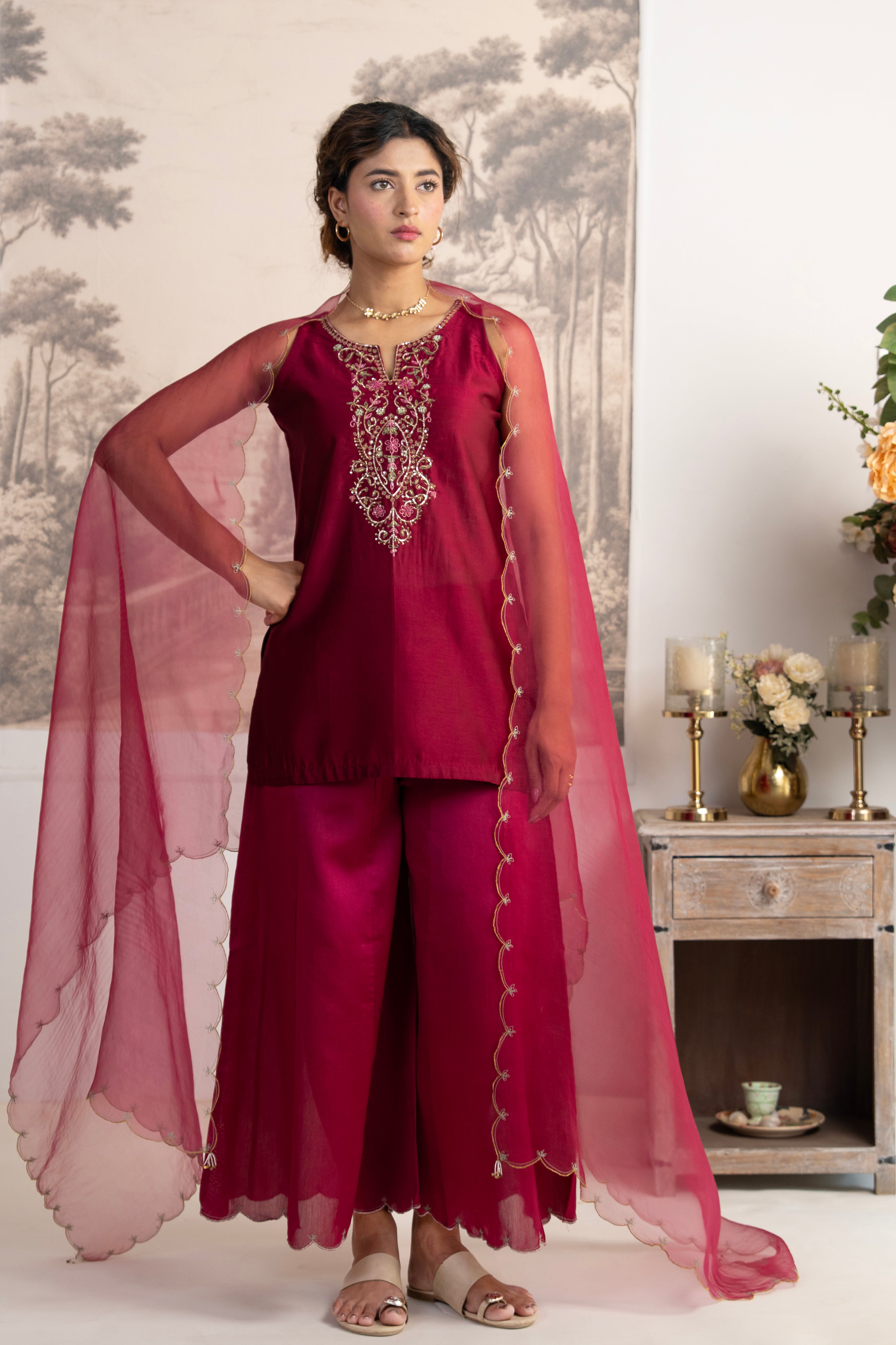 HOT PINK SLEEVELESS PITTA ZARDOZI TOP WITH ORGANZA DUPATTA