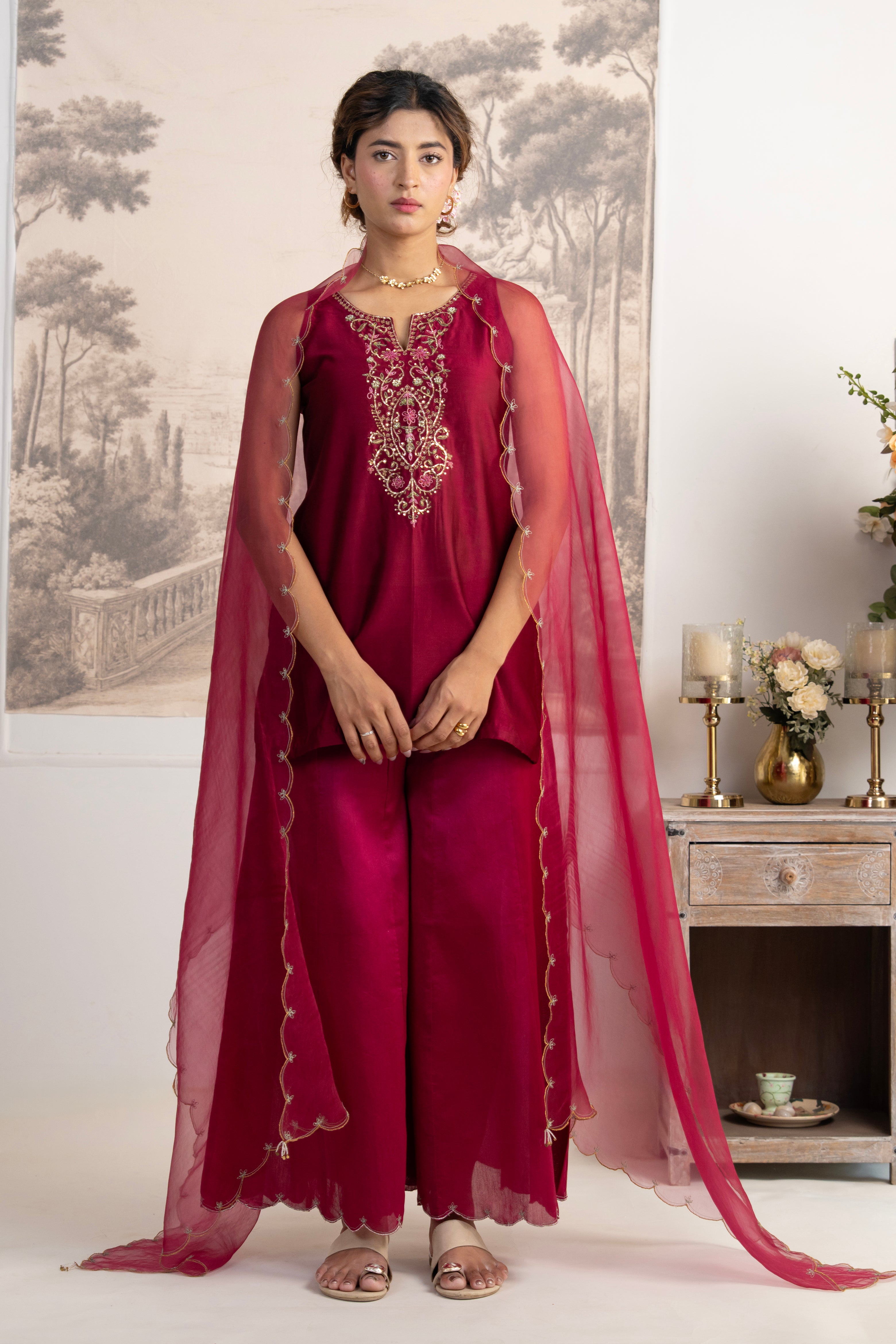 HOT PINK SLEEVELESS PITTA ZARDOZI TOP WITH ORGANZA DUPATTA