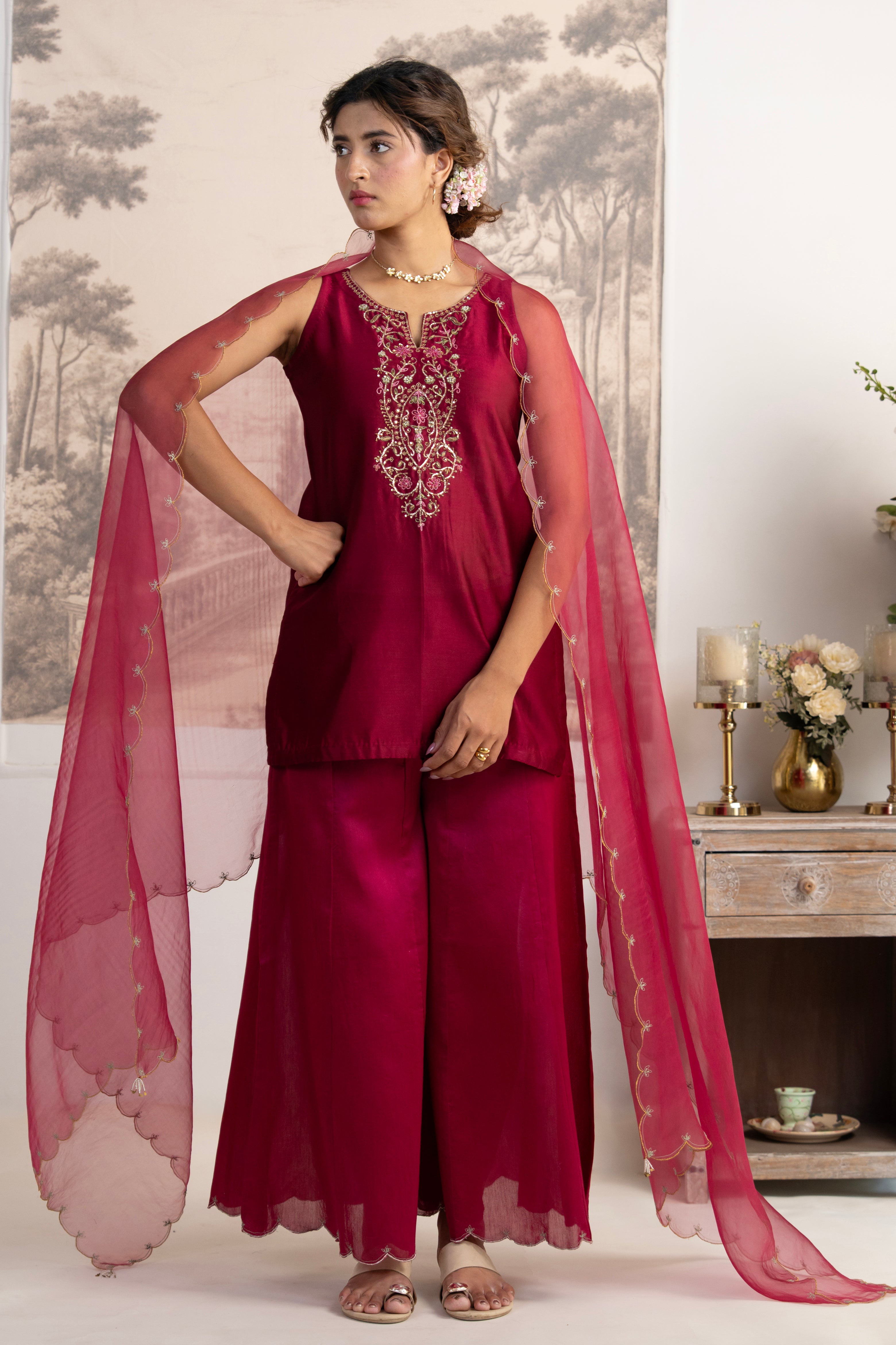 HOT PINK SLEEVELESS PITTA ZARDOZI TOP WITH ORGANZA DUPATTA