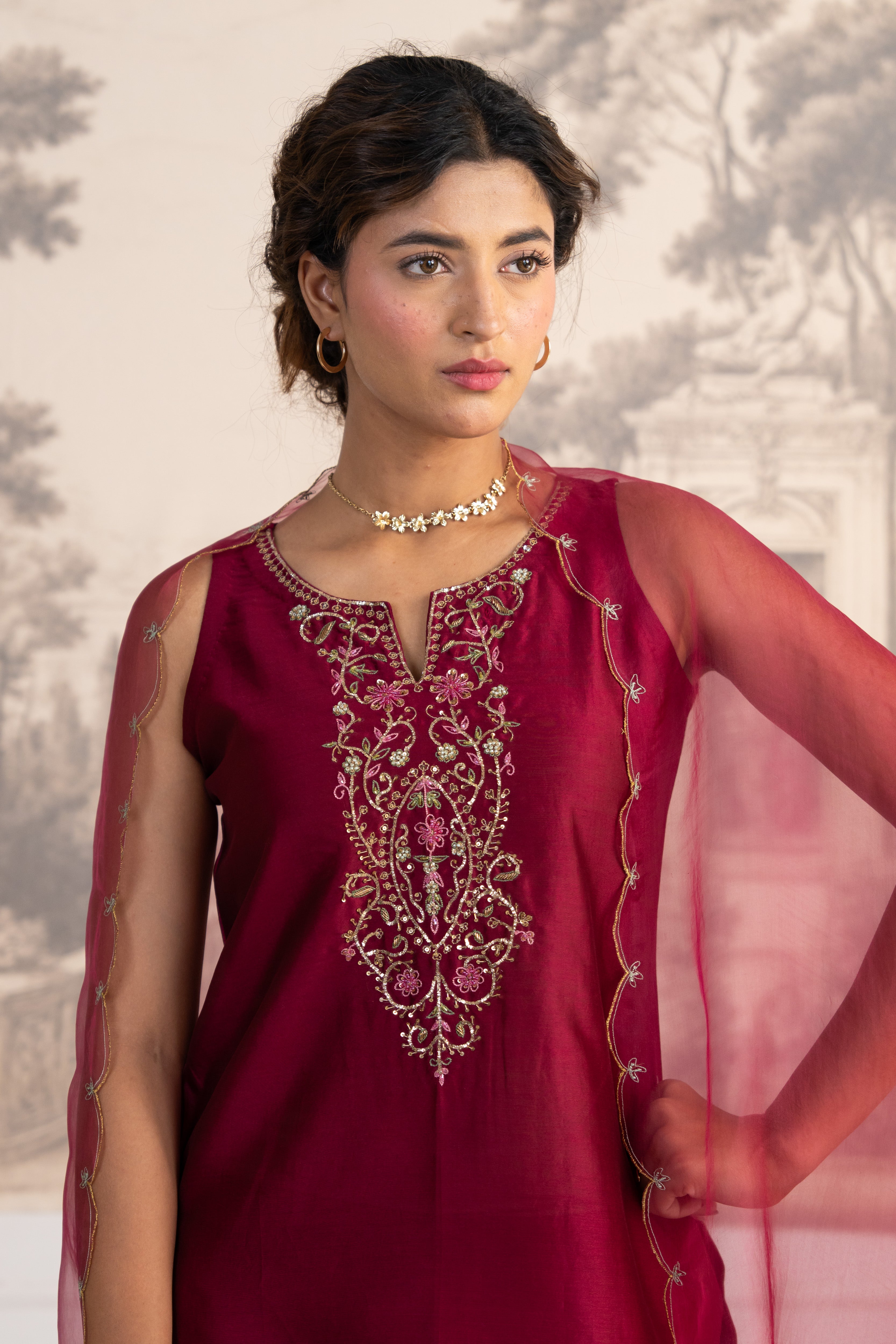 HOT PINK SLEEVELESS PITTA ZARDOZI TOP WITH ORGANZA DUPATTA