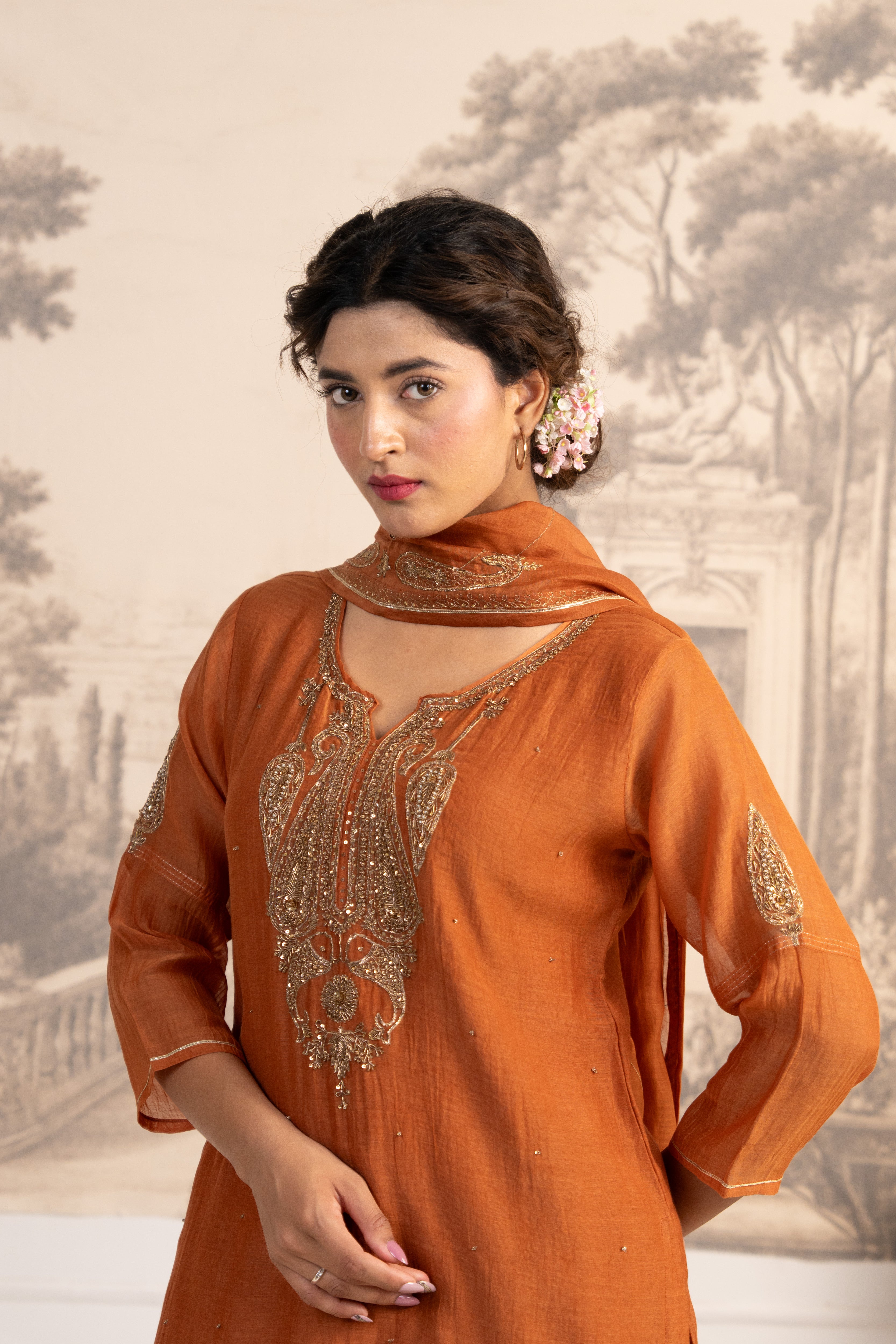 RUST ORANGE MINA TOP SET WITH DUPATTA
