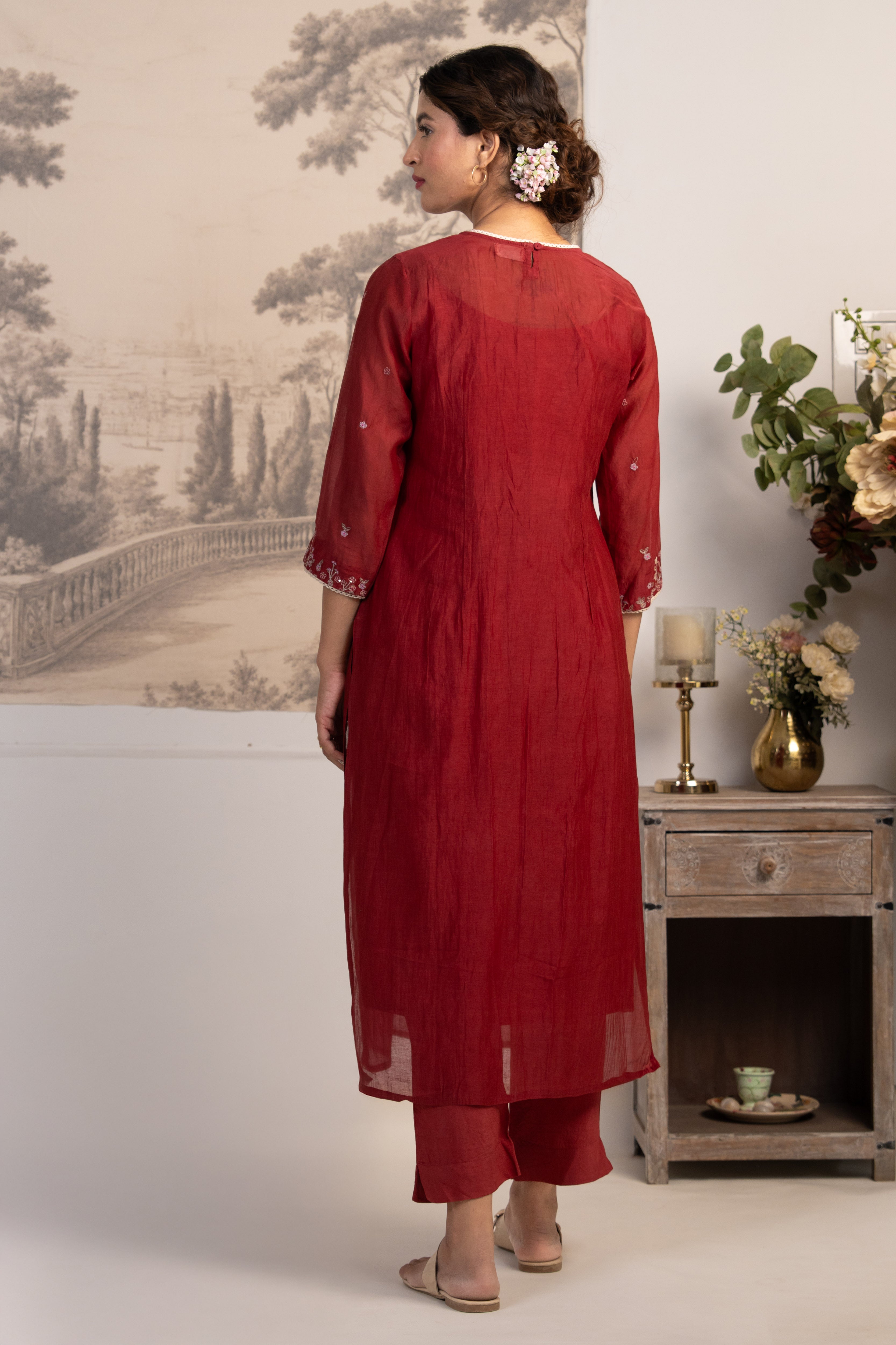 MAROON RED JUNGLE EMBROIDERED  SUIT SET