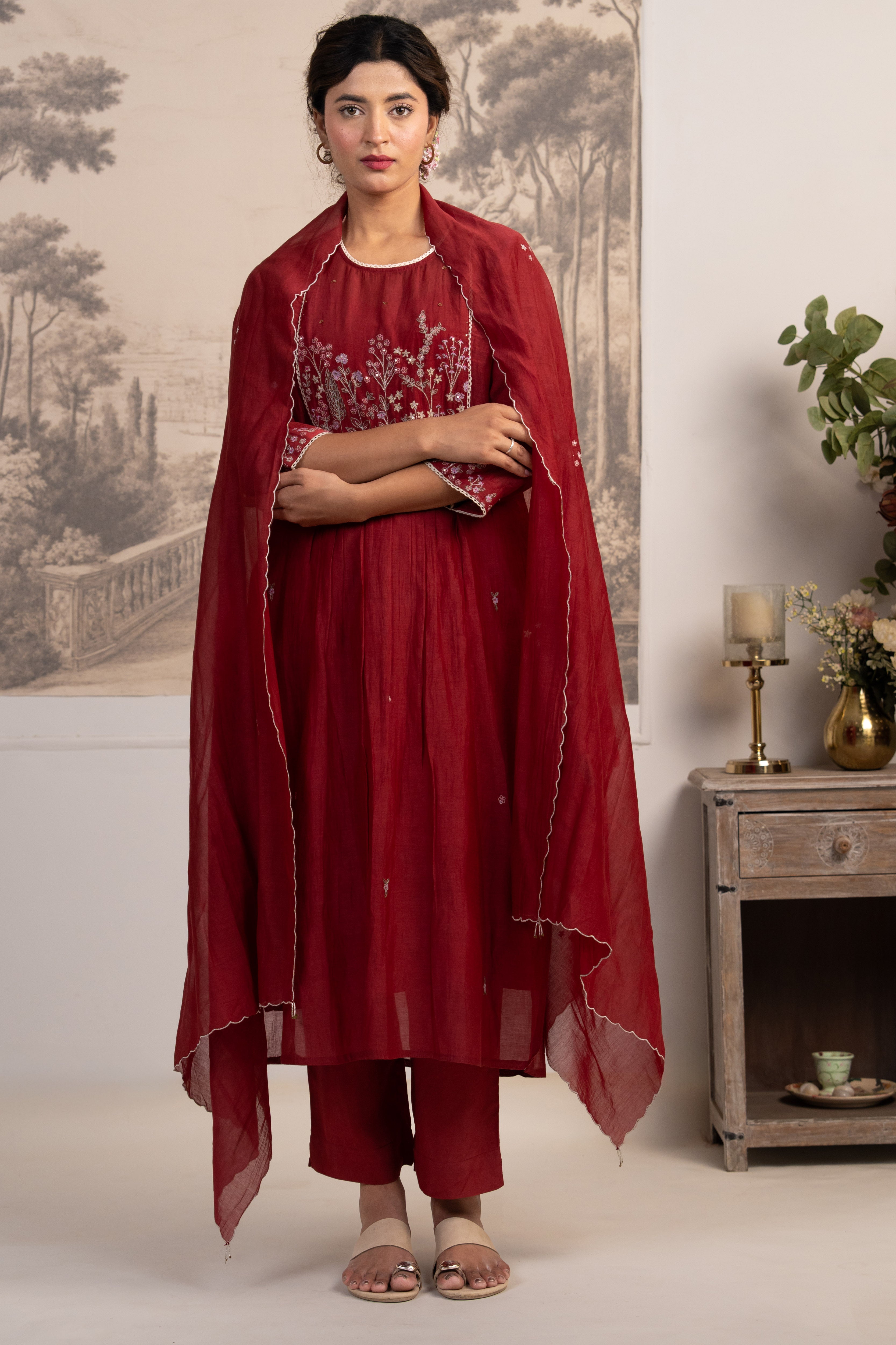 MAROON RED JUNGLE EMBROIDERED  SUIT SET