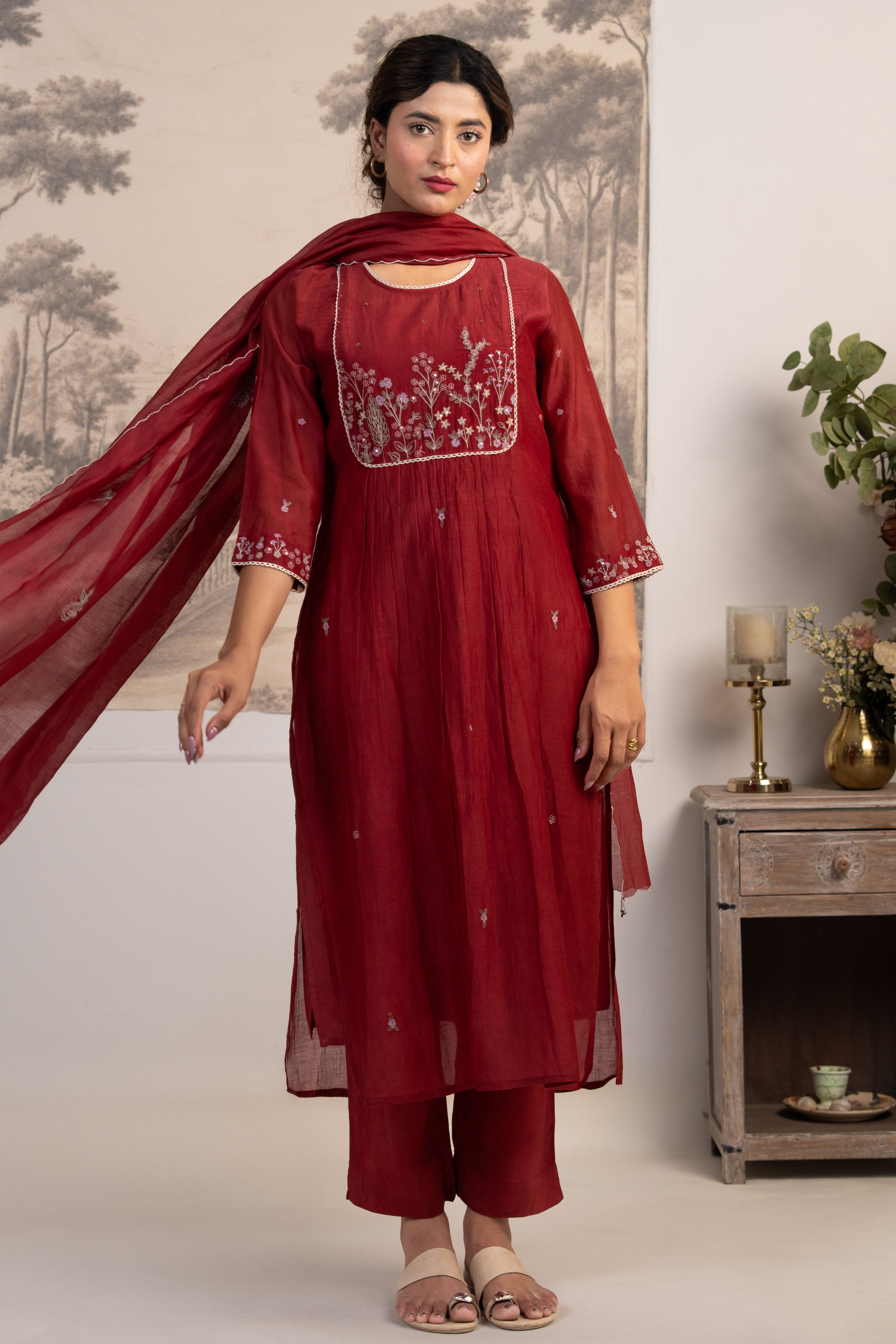 MAROON RED JUNGLE EMBROIDERED  SUIT SET