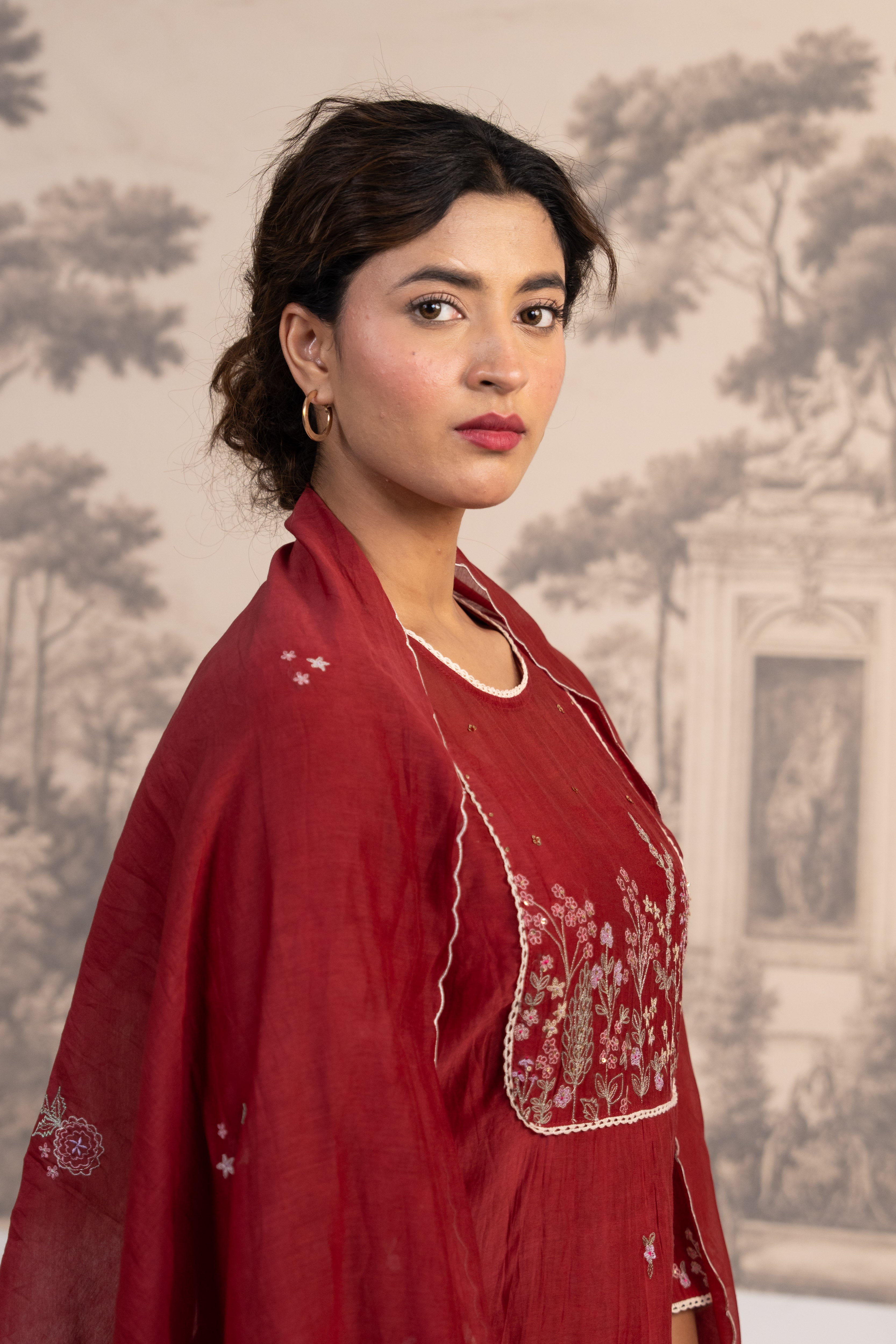MAROON RED JUNGLE EMBROIDERED  SUIT SET