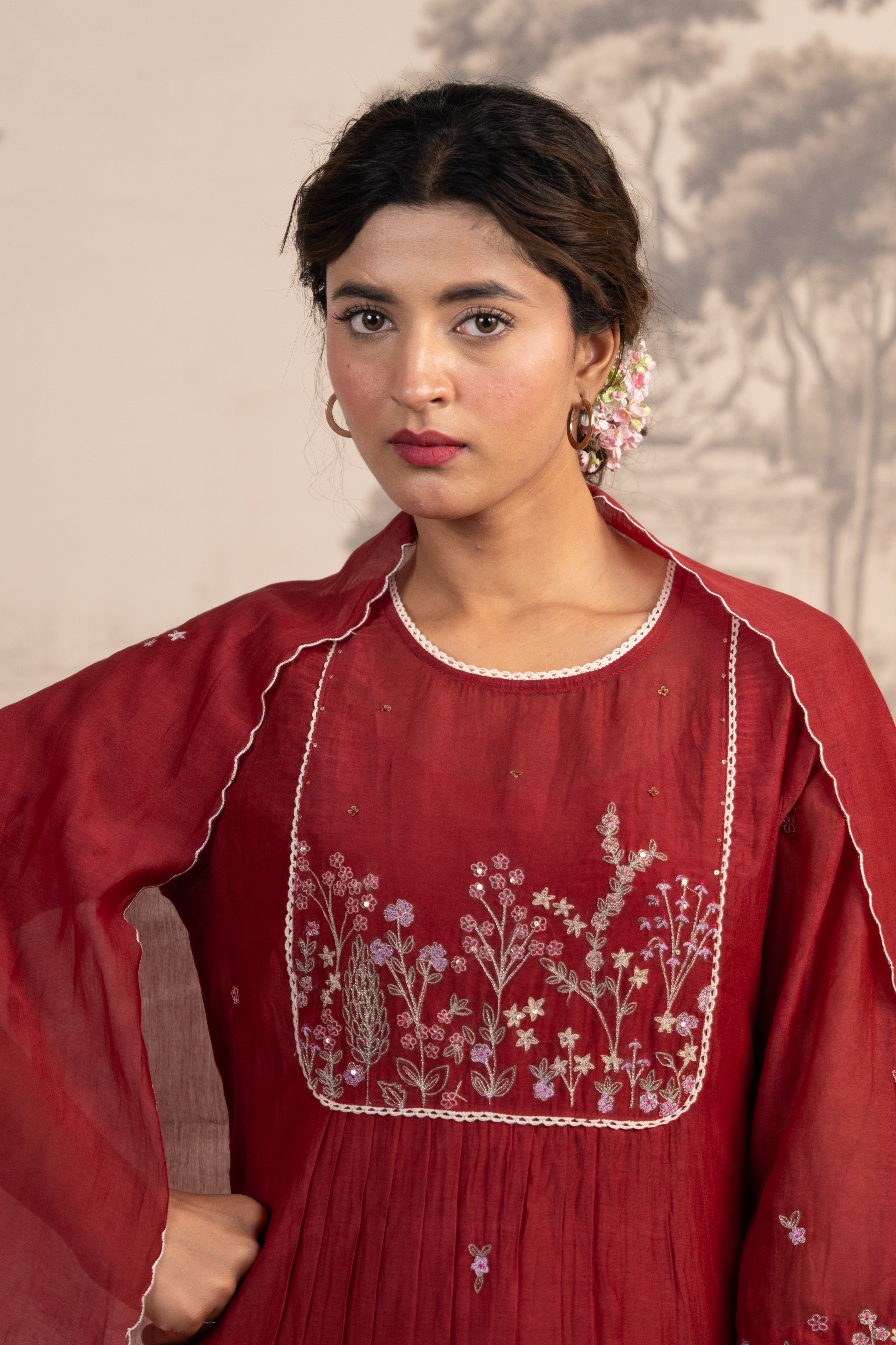MAROON RED JUNGLE EMBROIDERED  SUIT SET
