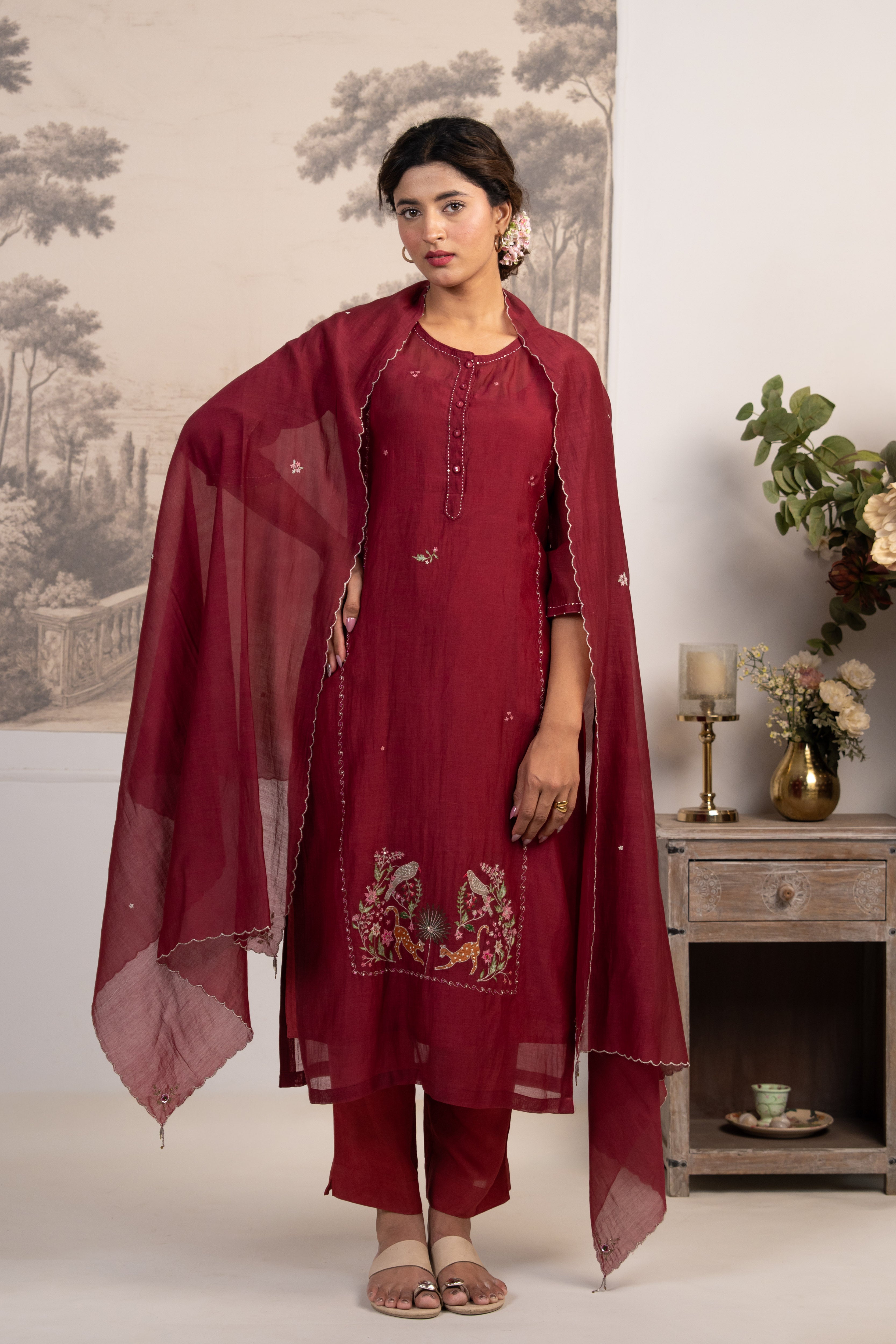 MAROON RED FLAMINGO SUIT SET