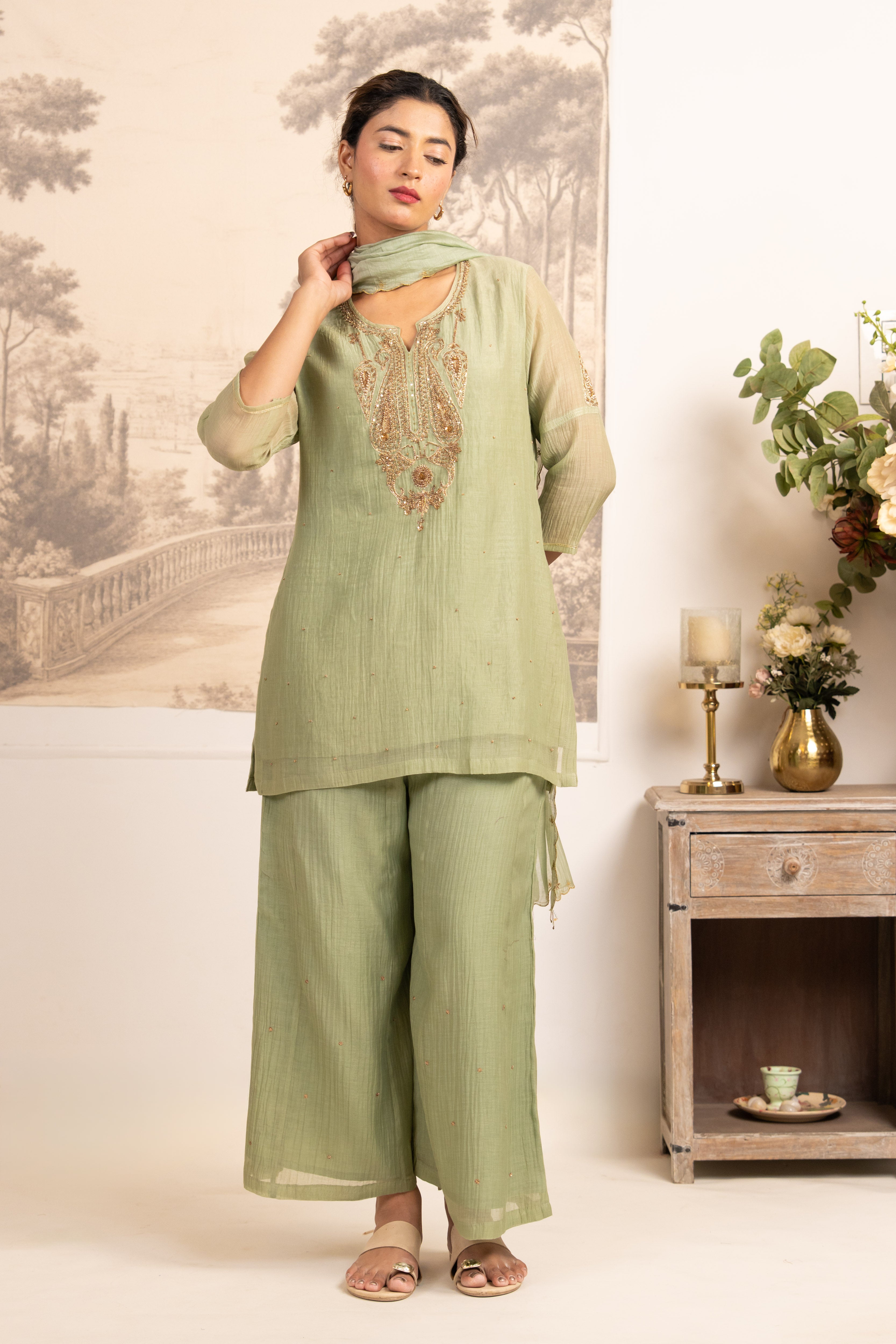 SEA GREEN MINA TOP SET WITH DUPATTA