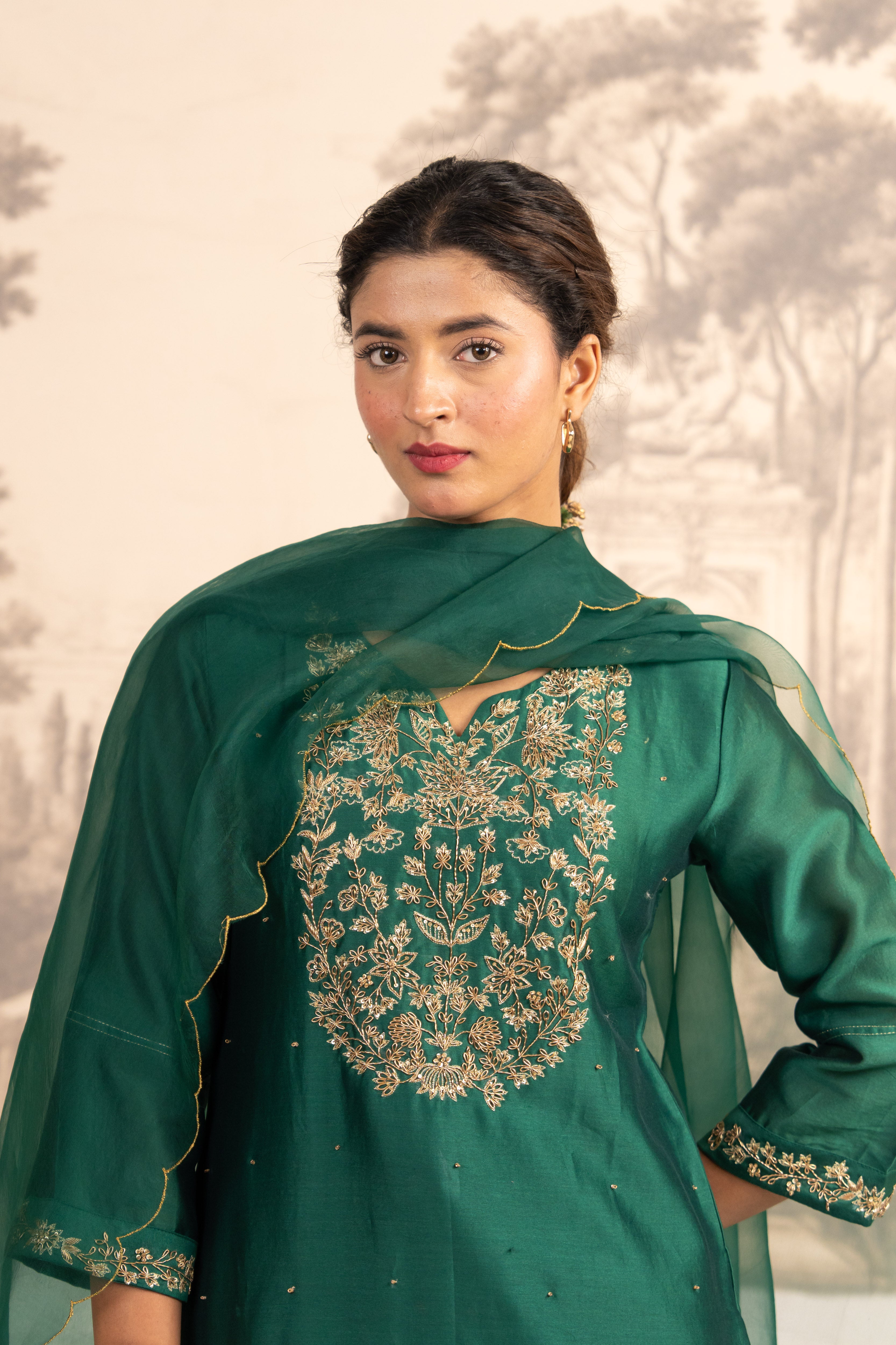 BOTTLE GREEN ZARDOSI YOKE TOP , PANT WITH ORGANZA DUPATTA