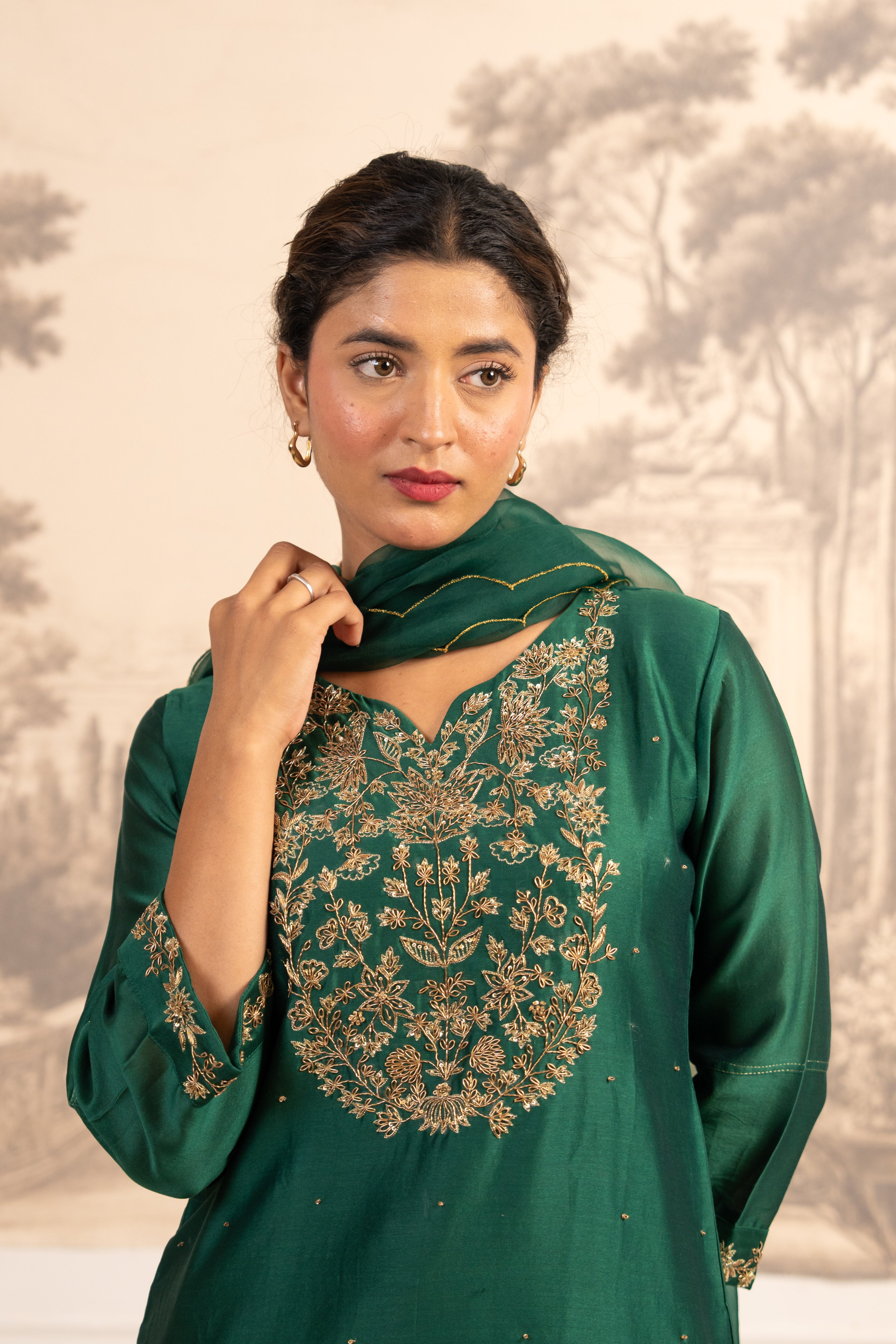 BOTTLE GREEN ZARDOSI YOKE TOP , PANT WITH ORGANZA DUPATTA