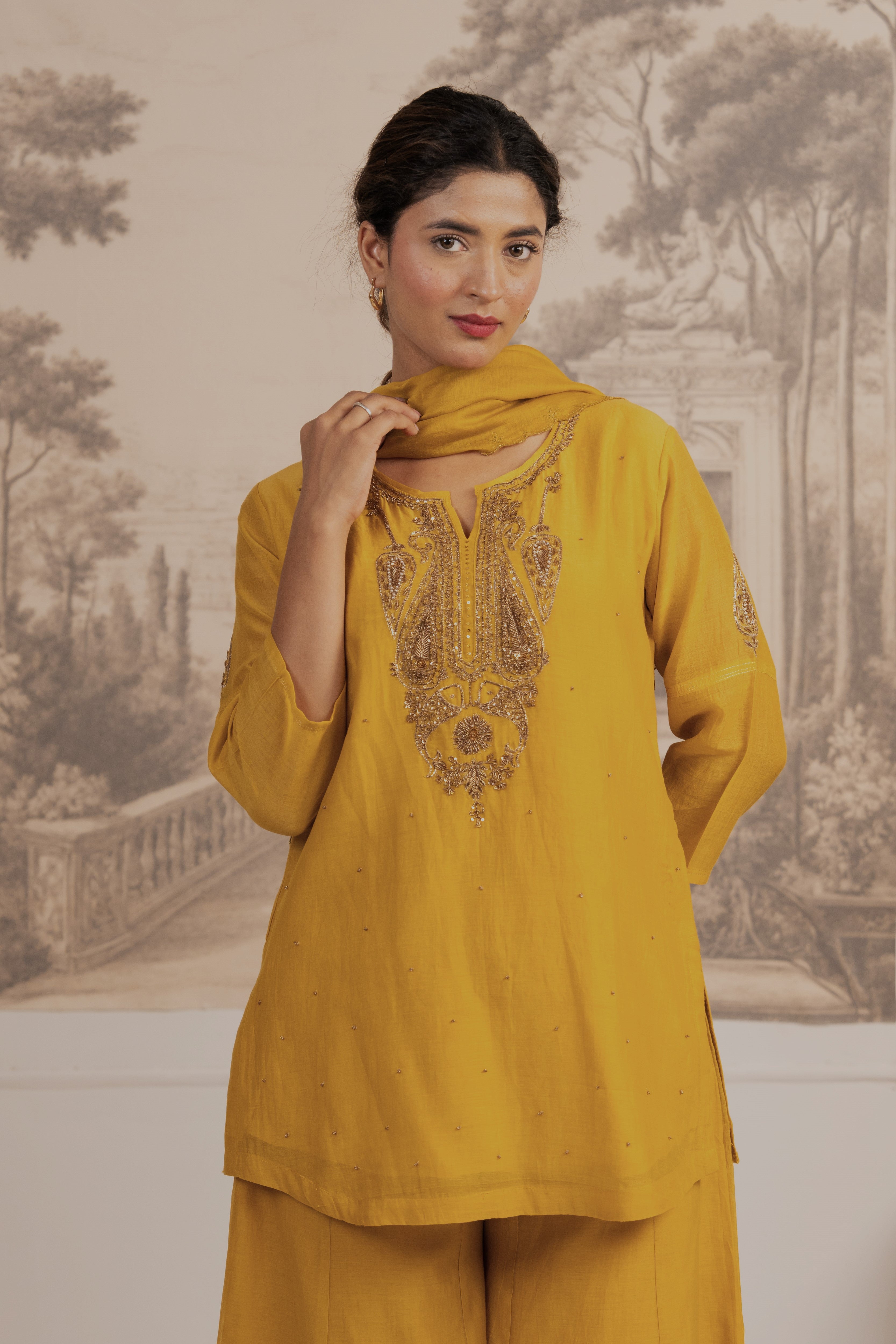 MUSTARD YELLOW  MEENA TOP SET WITH DUPATTA