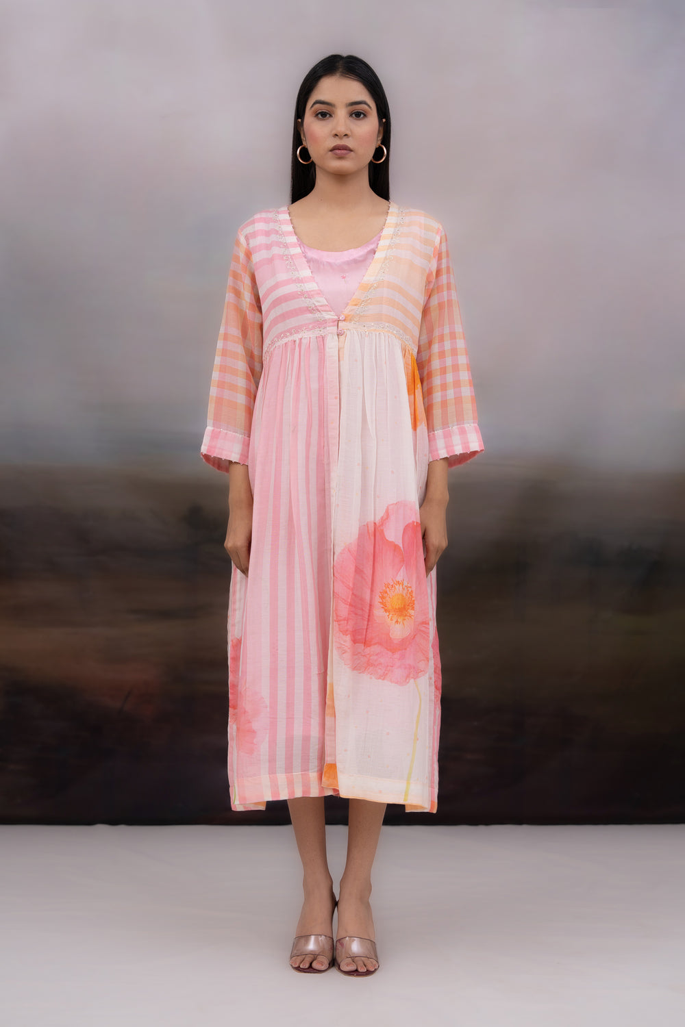 Check and flowers front open dress