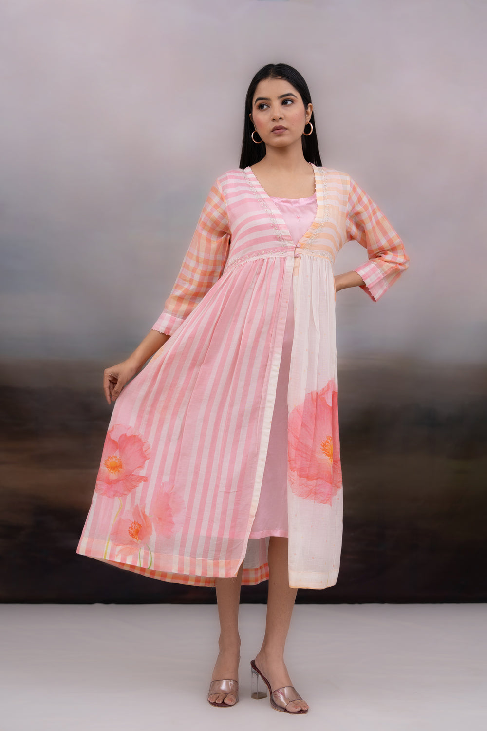 Check and flowers front open dress