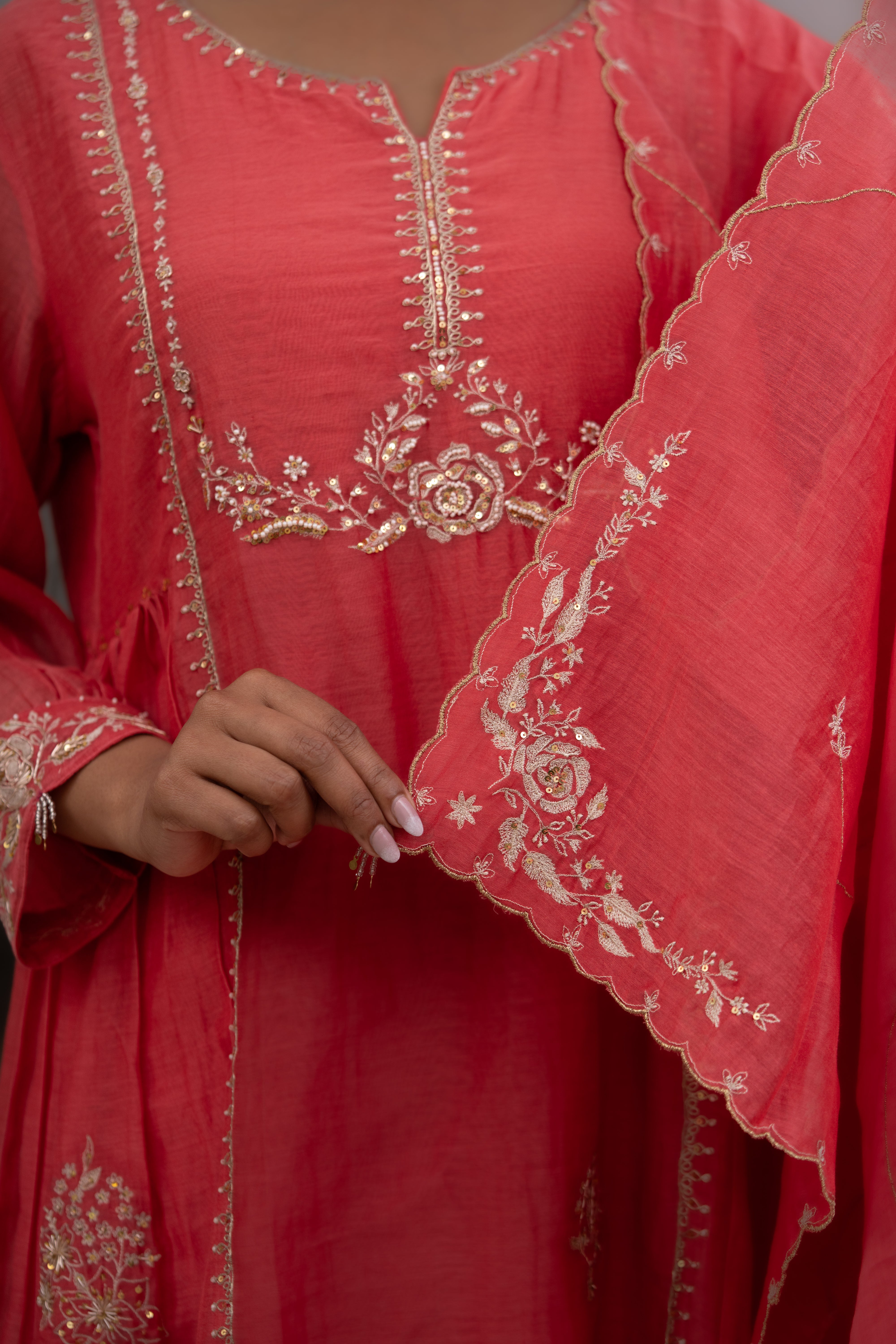 Coral pink Rose gold Zardosi kurta set