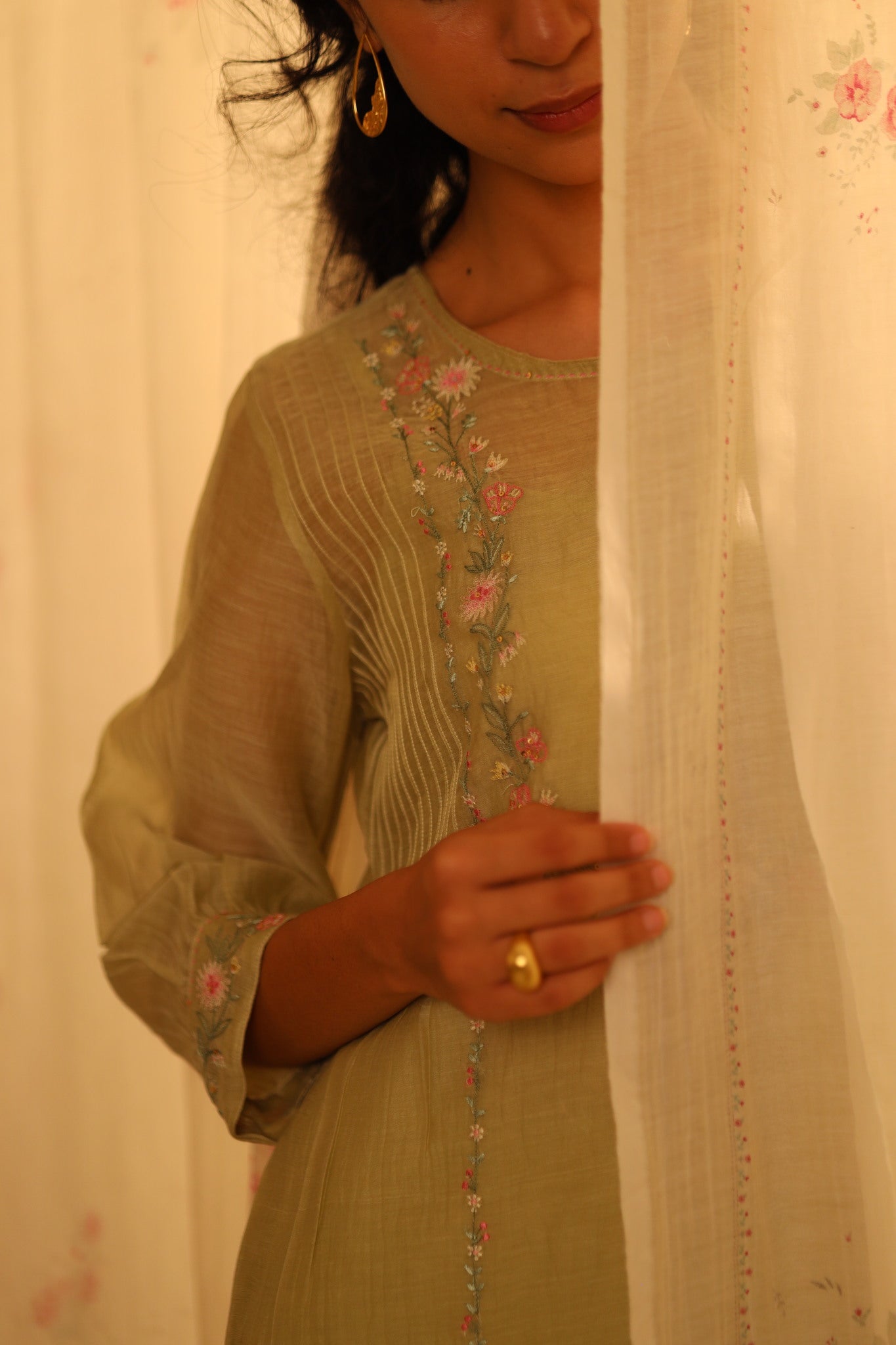 Sage Green Camellia kurta set with dupatta