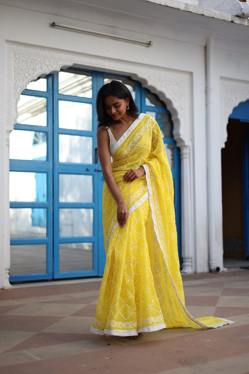 NEON YELLOW CROSSBUTI ORGANZA SILK SAREE