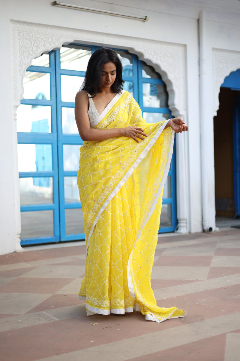 NEON YELLOW CROSSBUTI ORGANZA SILK SAREE