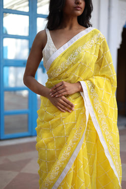 NEON YELLOW CROSSBUTI ORGANZA SILK SAREE